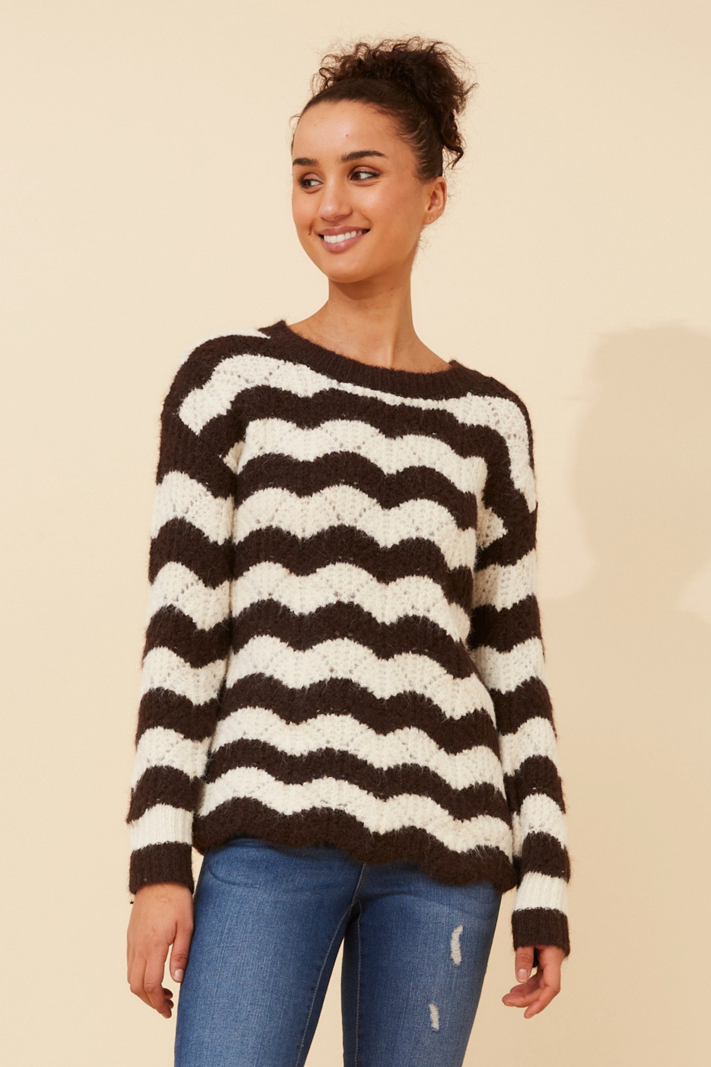 Orri Stripe Print Knit KP736720 Chocolate/Cream