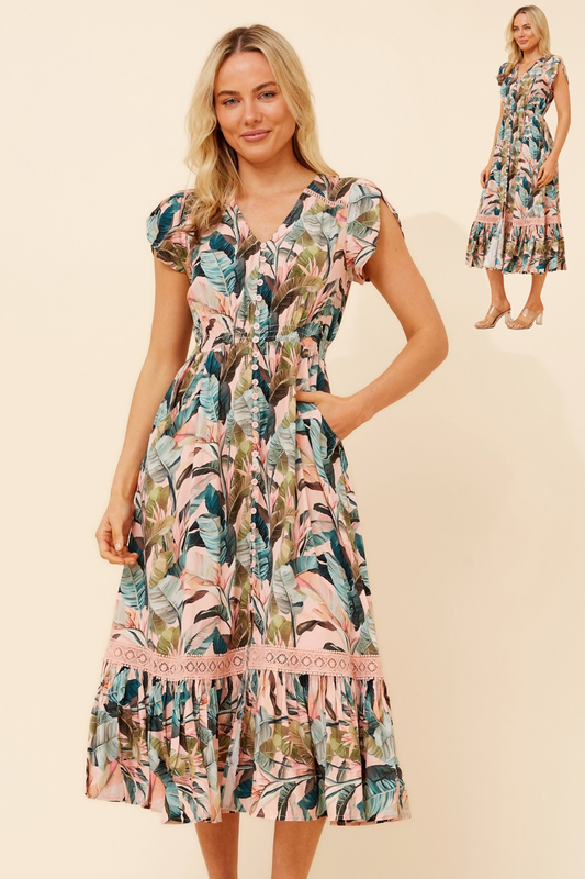 Indica Leaf Print Midi Dress - Pink D523781