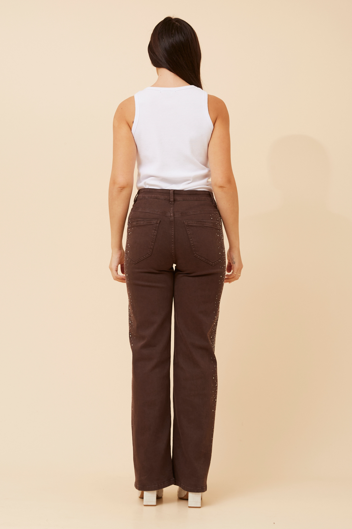Nish Diamante Denim Pants P524856 Chocolate