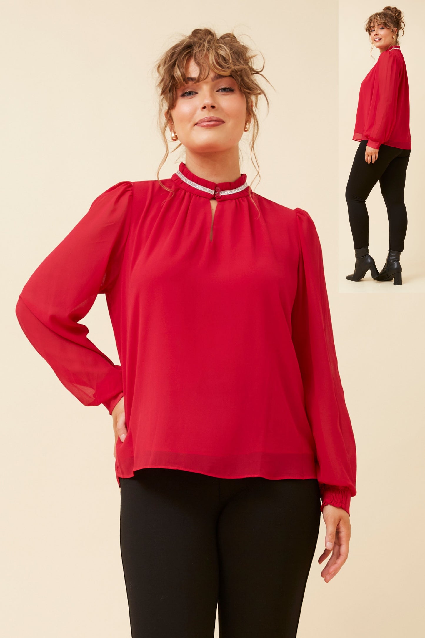 Tina Blouse with Diamante Trim on collar T520119 Red