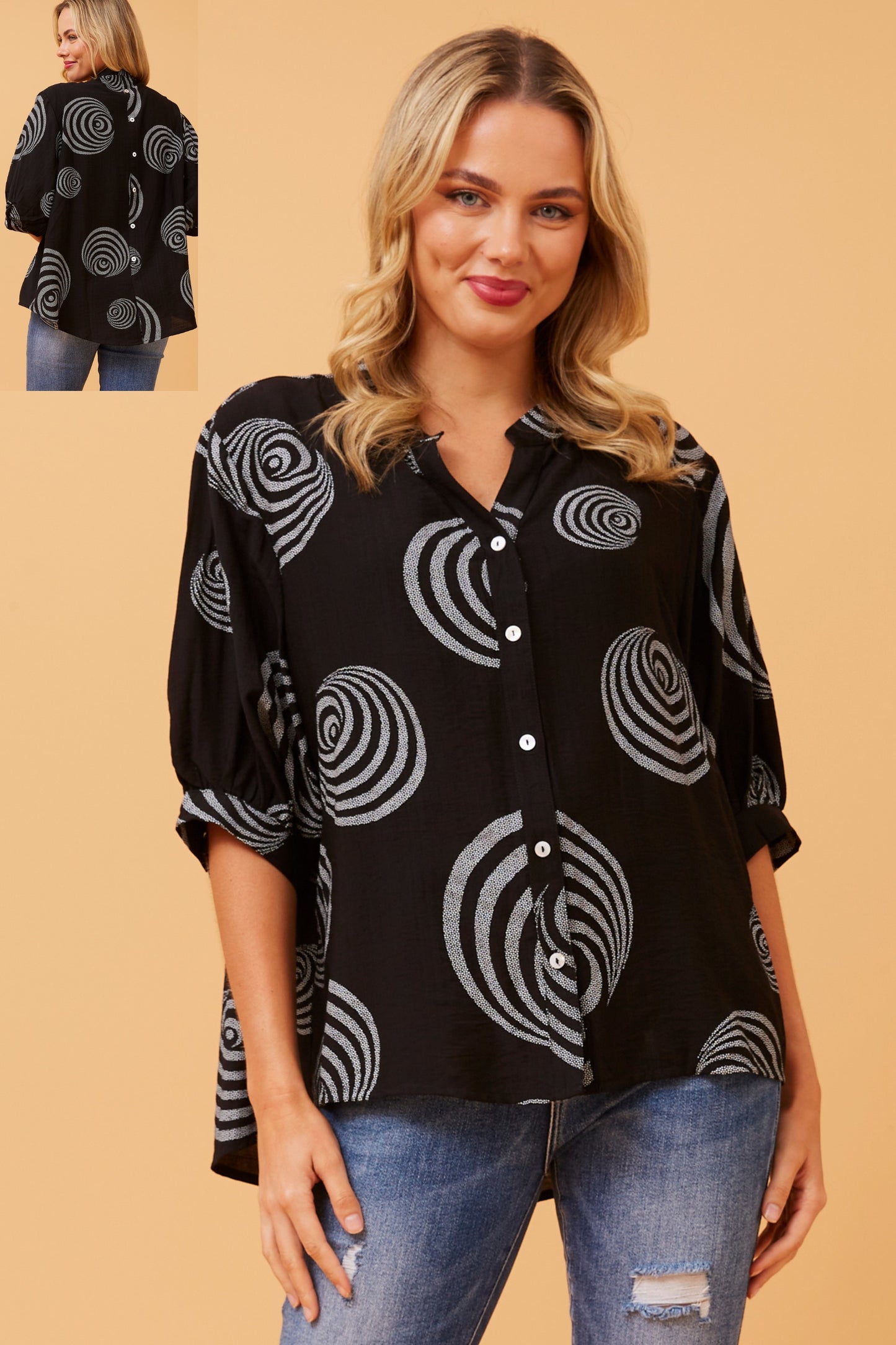 Alicia Printed Back Button Top T519118 Black