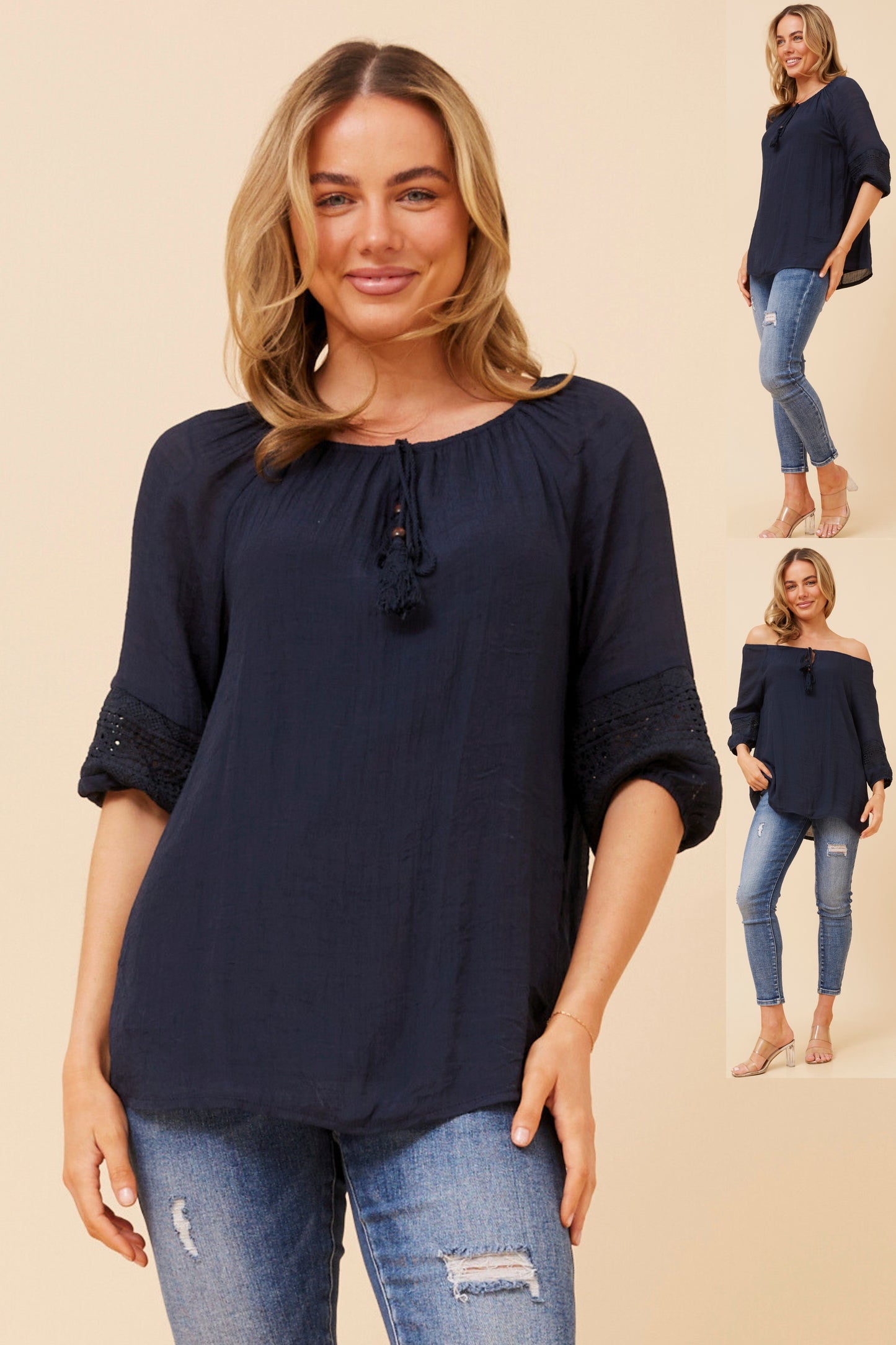 Reba Peasant Top - T521581 Navy