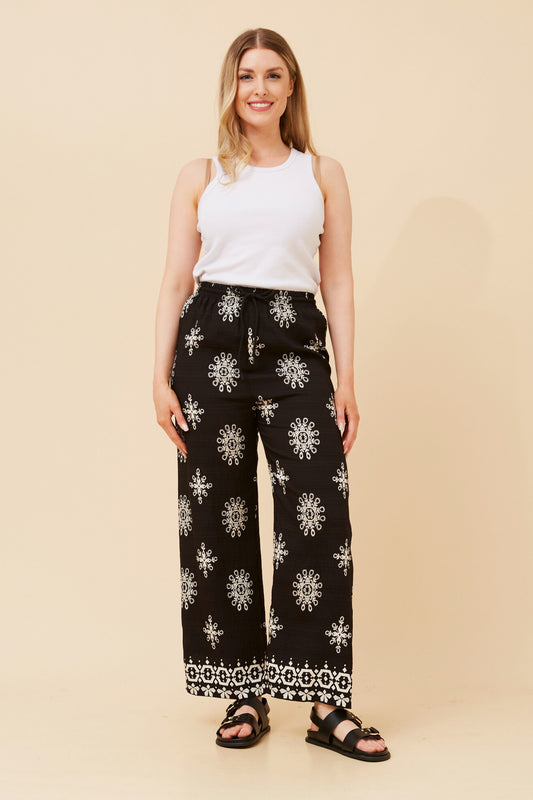 Aida embroidery Print Wide Leg Pant  P525008 Black