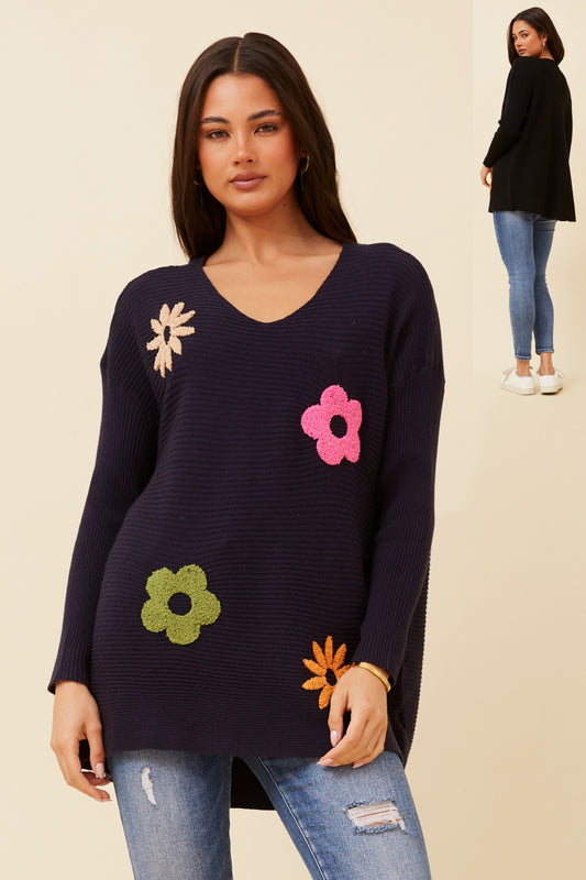 Mavi Floral Pattern V Neckline Knit KP734318 Navy