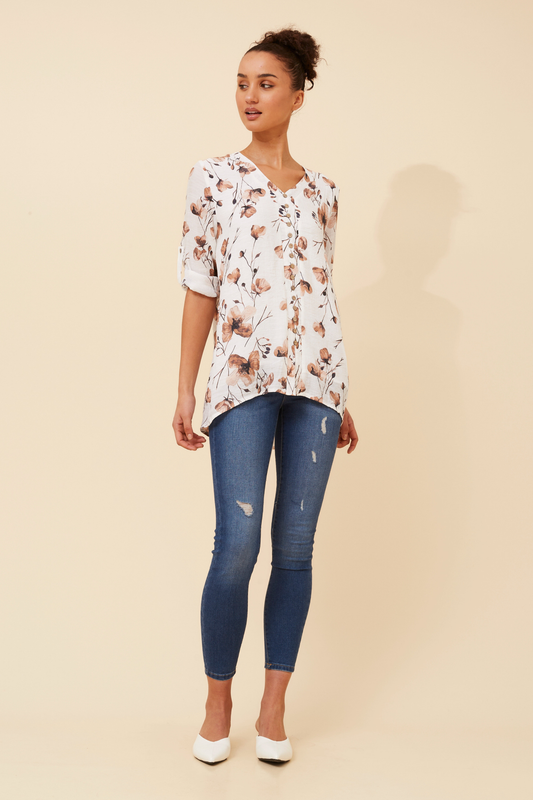 Edie Floral Print Button Top T526521 Toffee