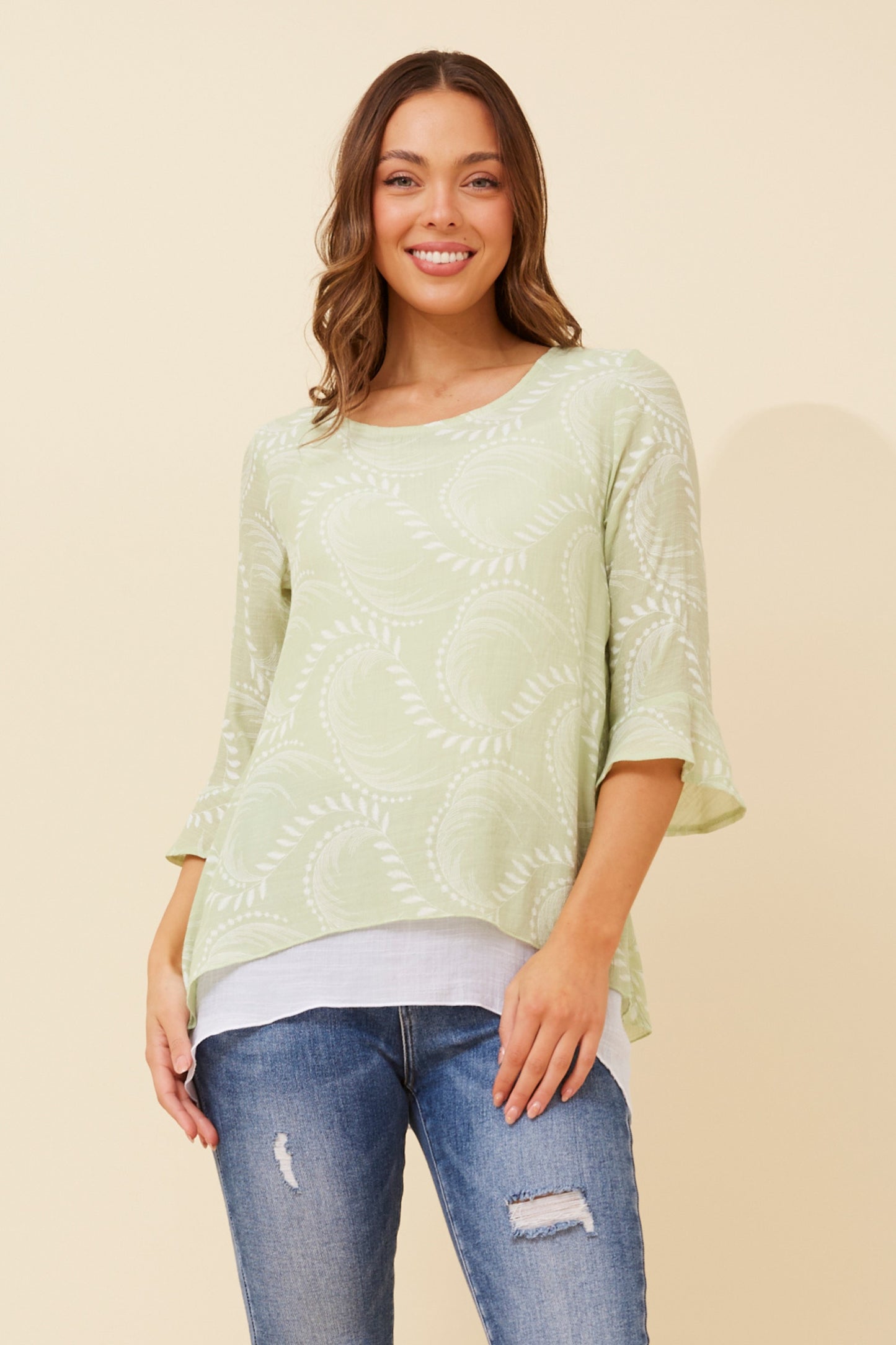 Leon Double Layer Printed Top T520605 - Sage