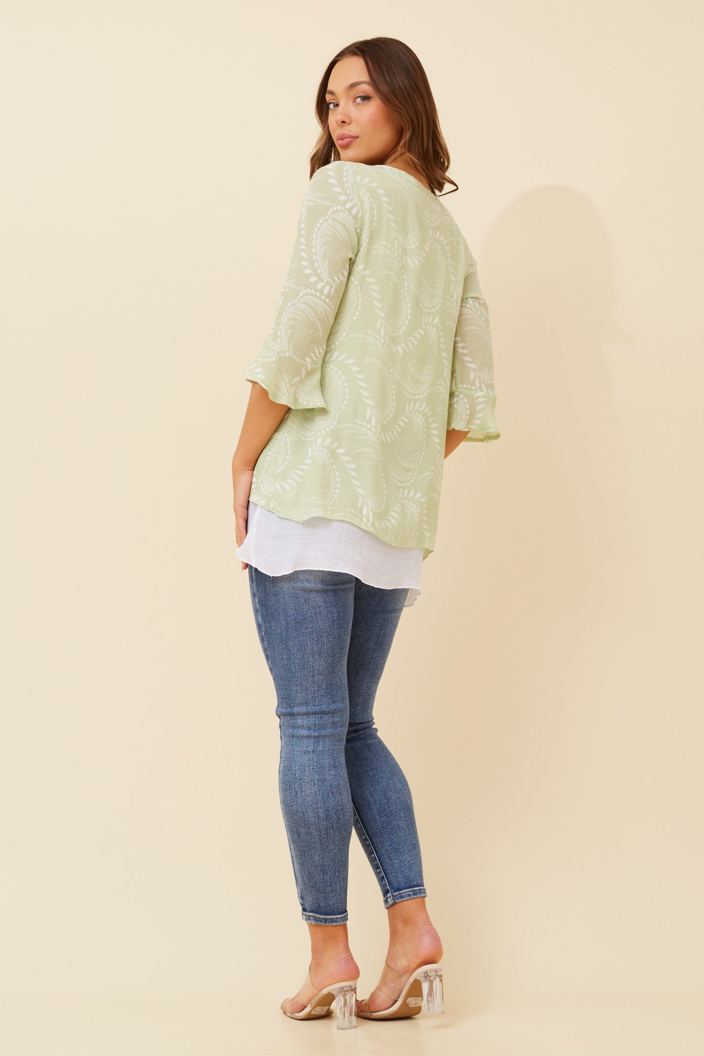 Leon Double Layer Printed Top T520605 - Sage