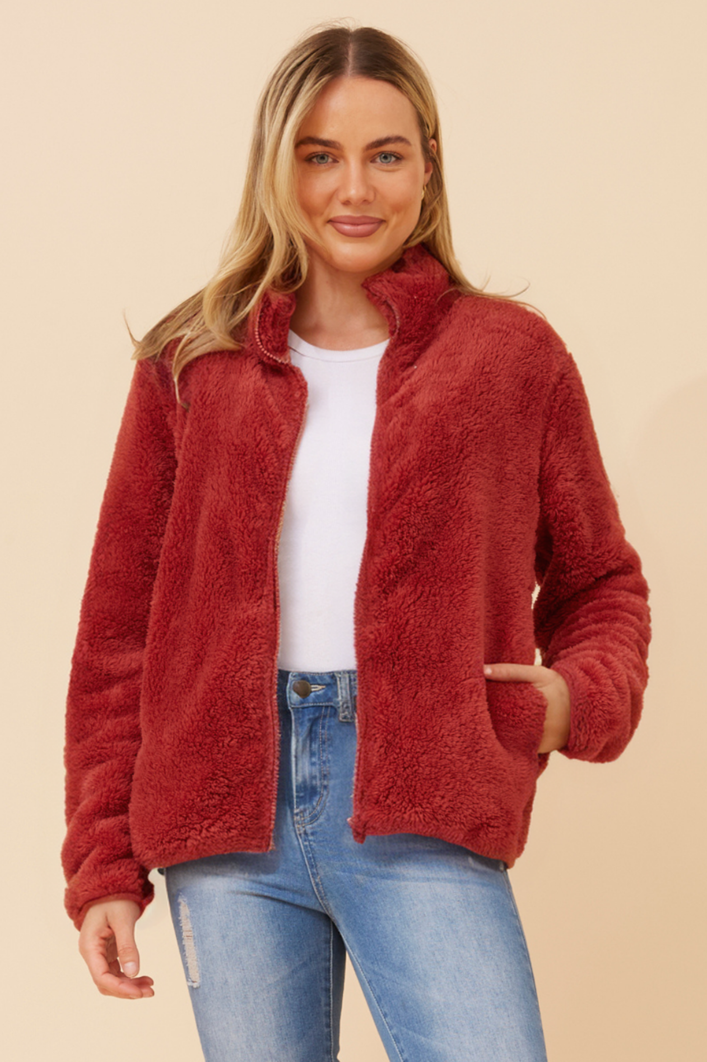 Front FAUX FUR Jacket- Cherrywood J508971