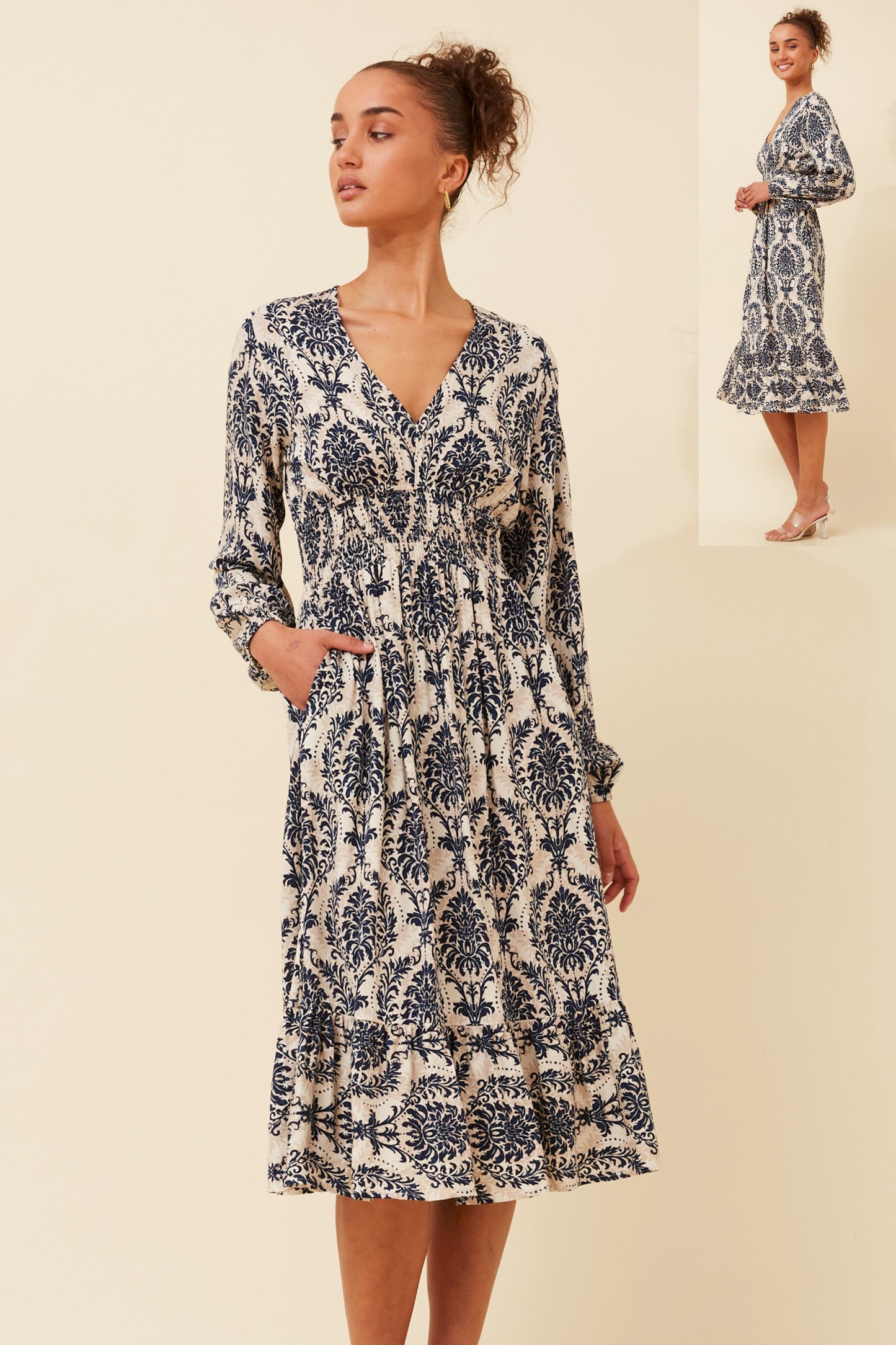 Sirena Floral Midi Boho Dress D734186 Navy
