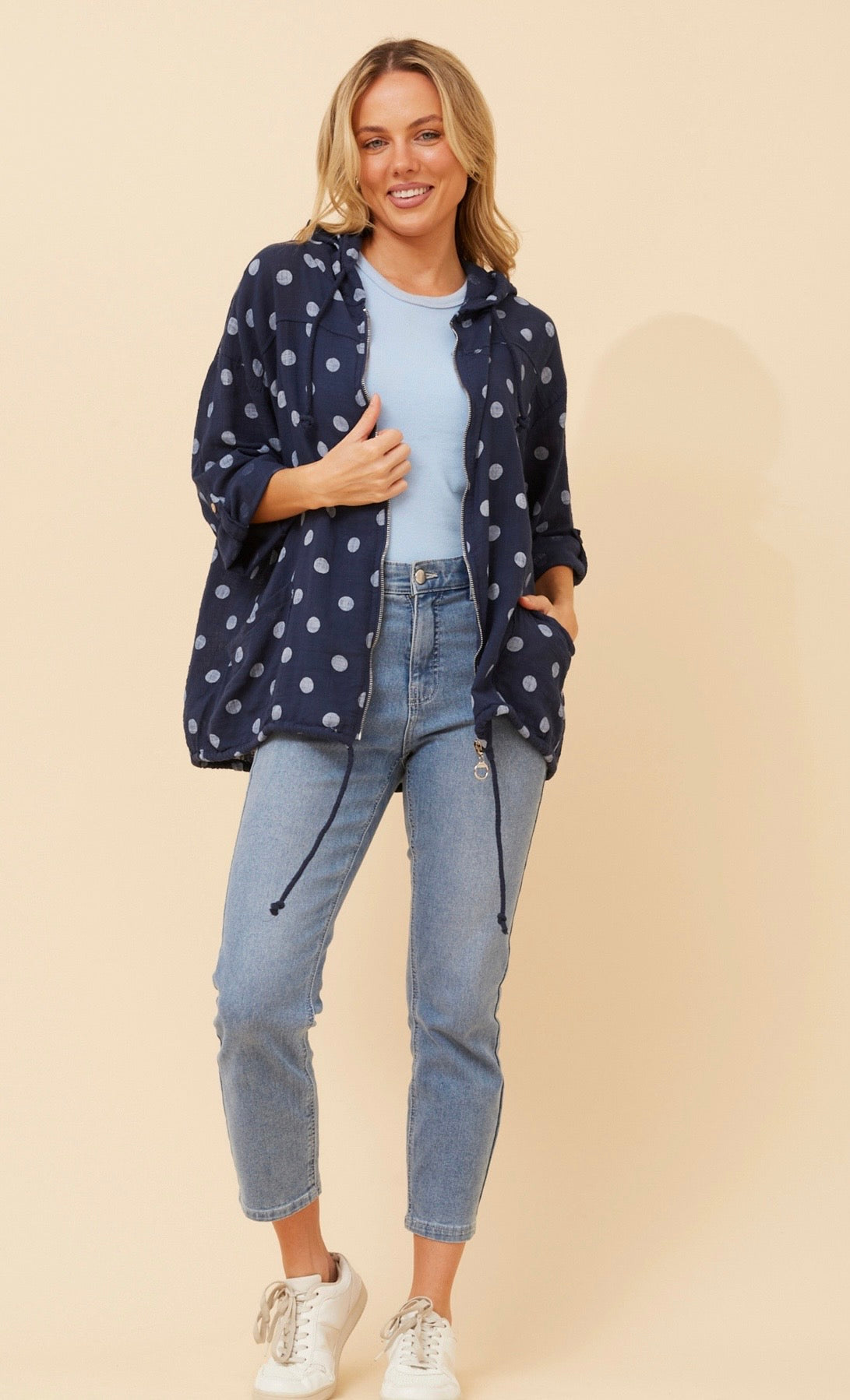 Seta Polka Dot Printed Hoody Jacket J526469 Navy/White