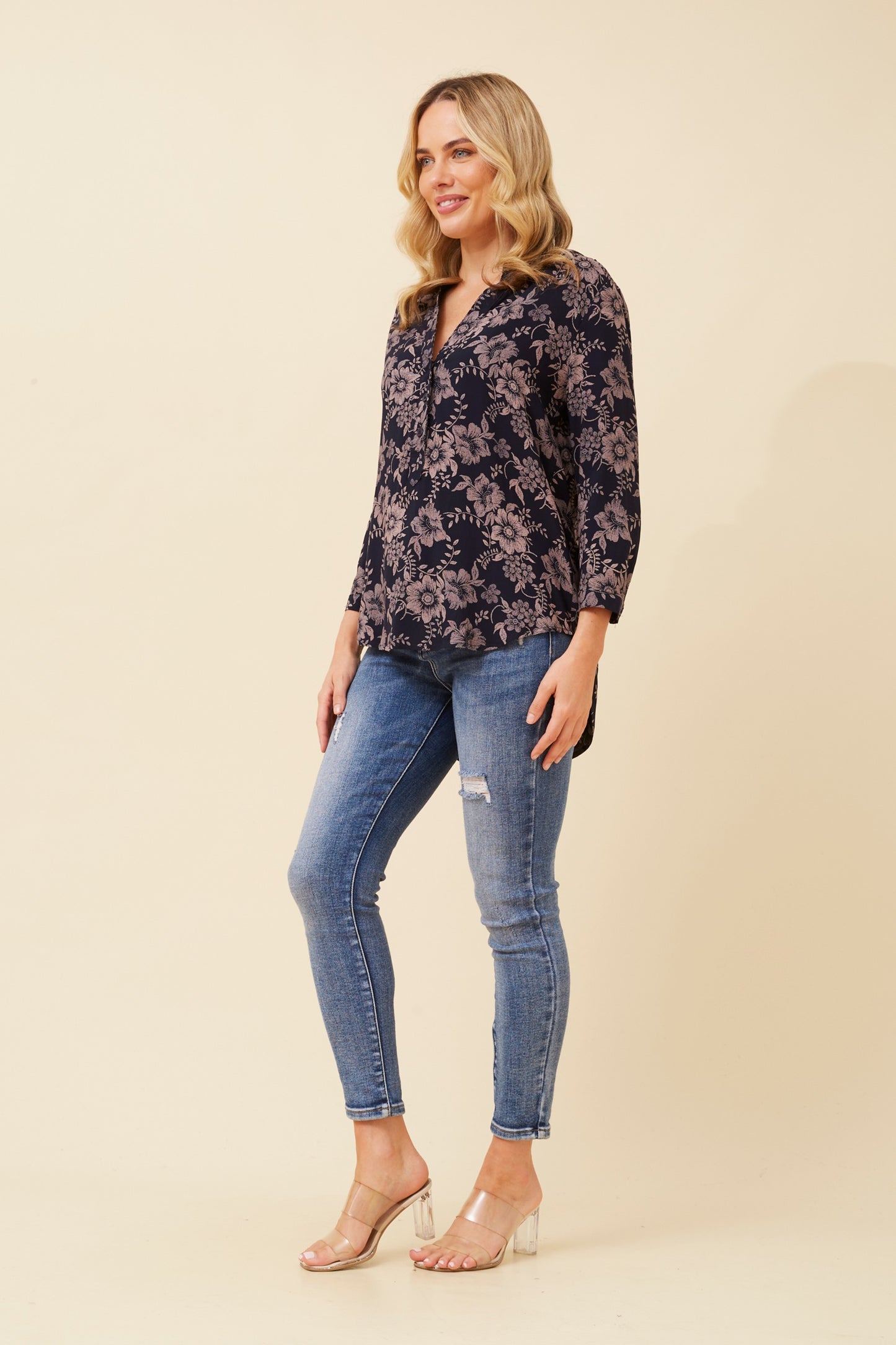 Odette Floral Printed Top T523597- Navy