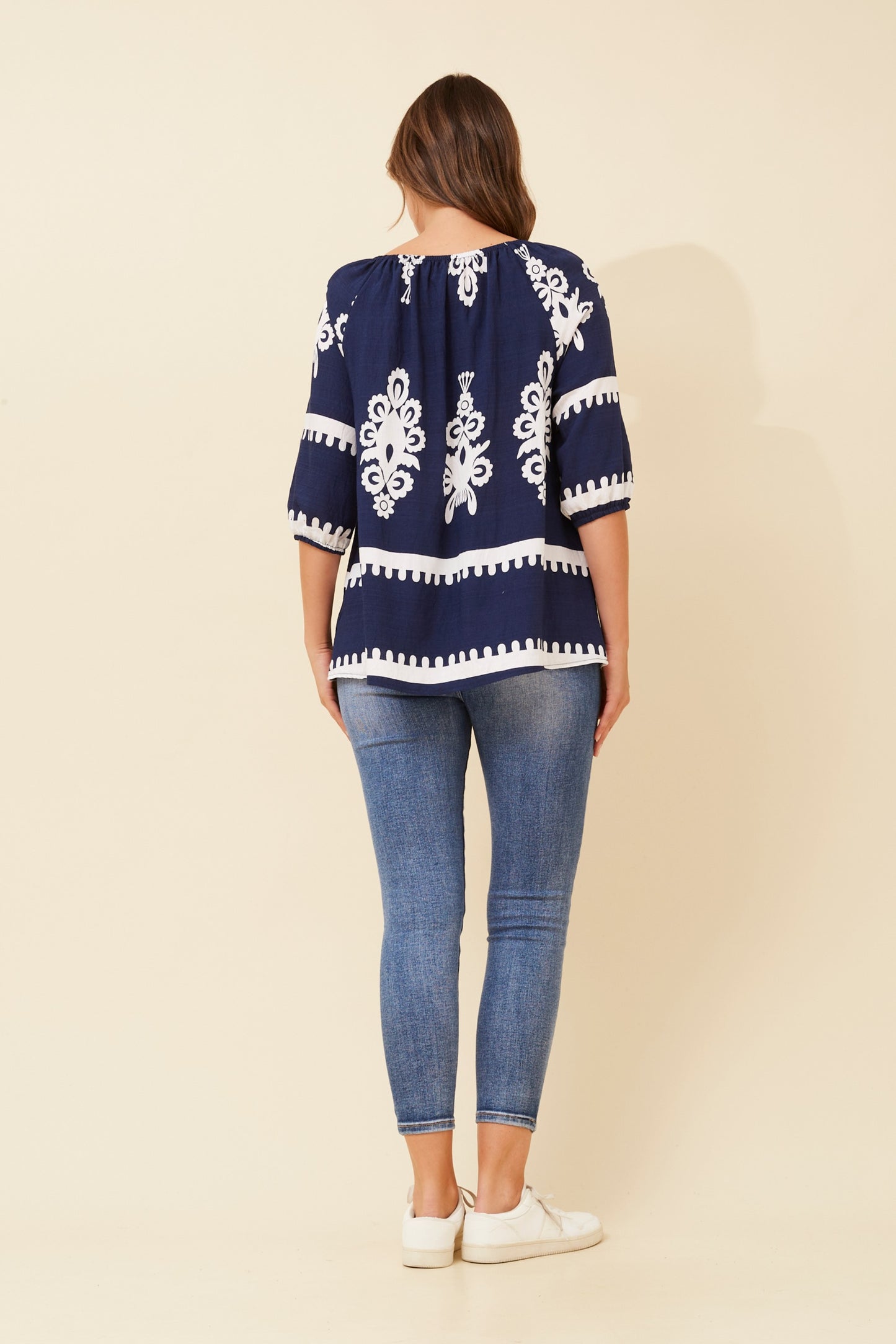 Amara Boho Print Blouse T523164 Navy