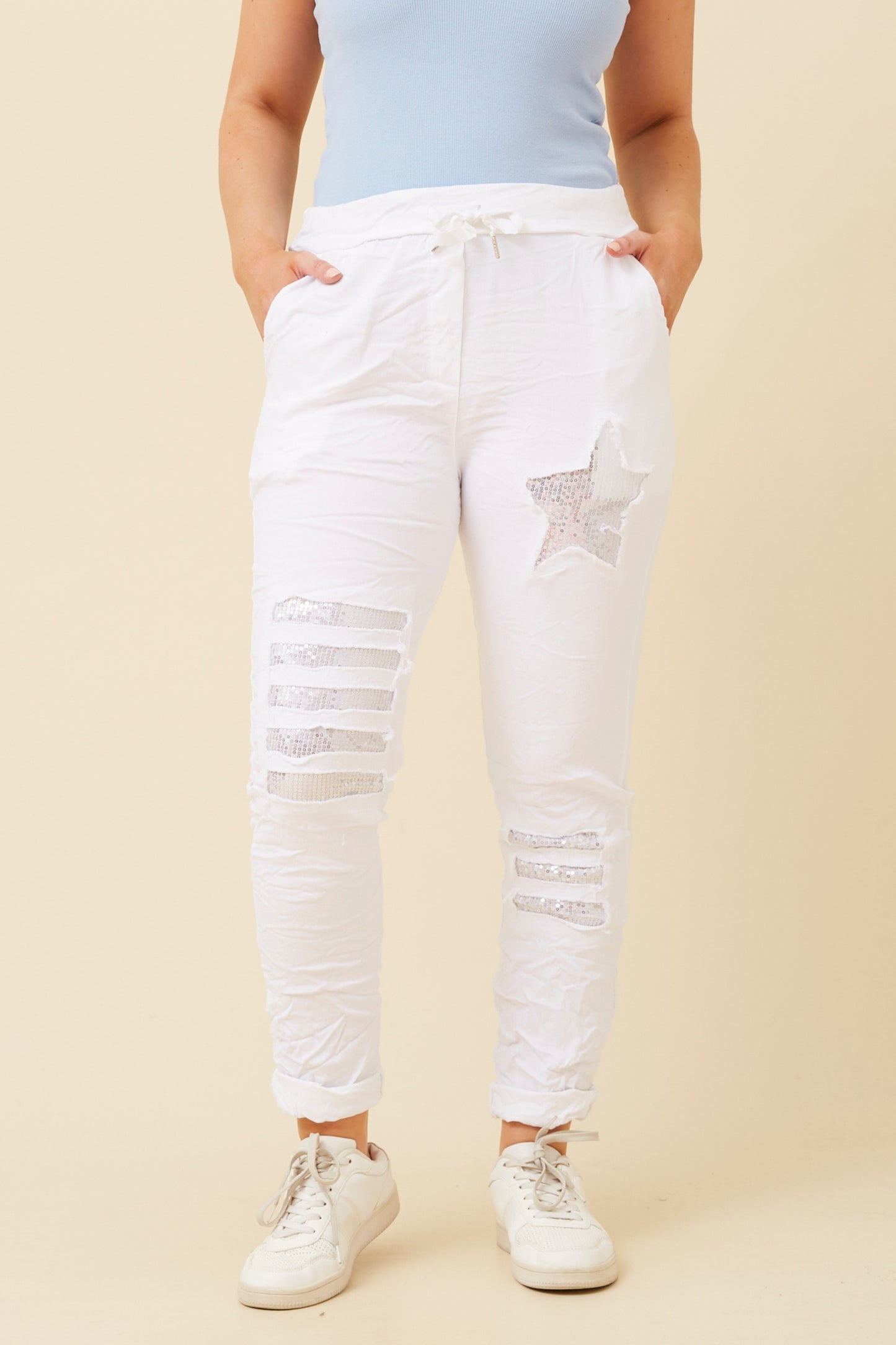 Star Sequin Patches Italian Pant - White  P521148