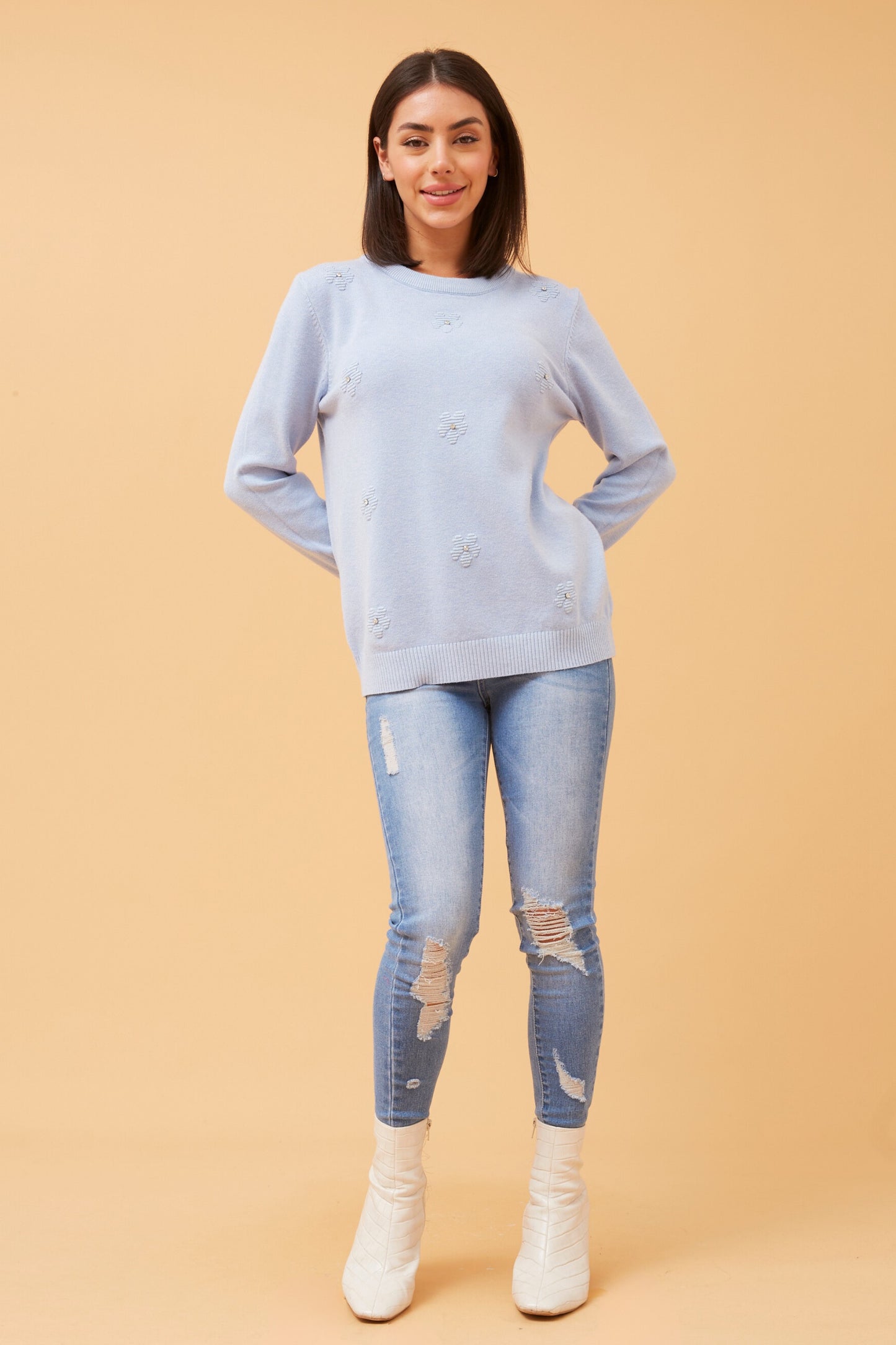 Angie Floral Embellished Knit Pale Blue KP519089