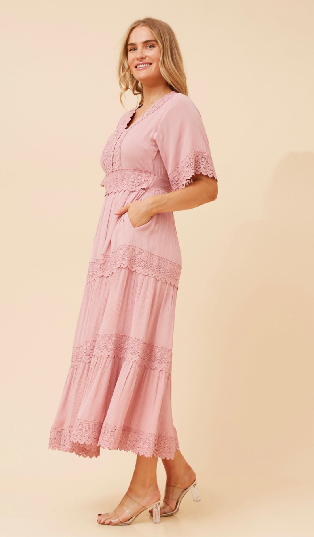 Alexia Lace Trim Dress - Rosewater D512419