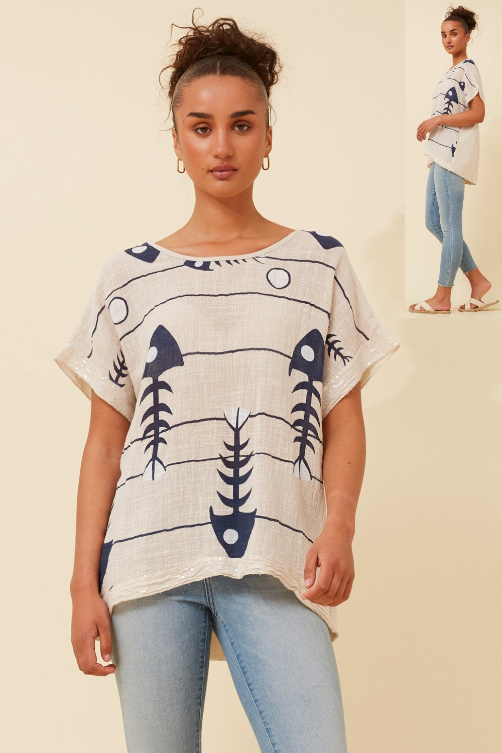 Italian Fish Print Top T521175 Beige