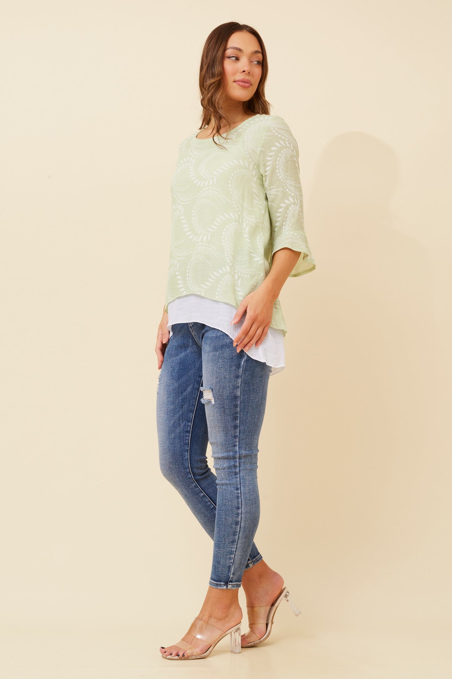 Leon Double Layer Printed Top T520605 - Sage