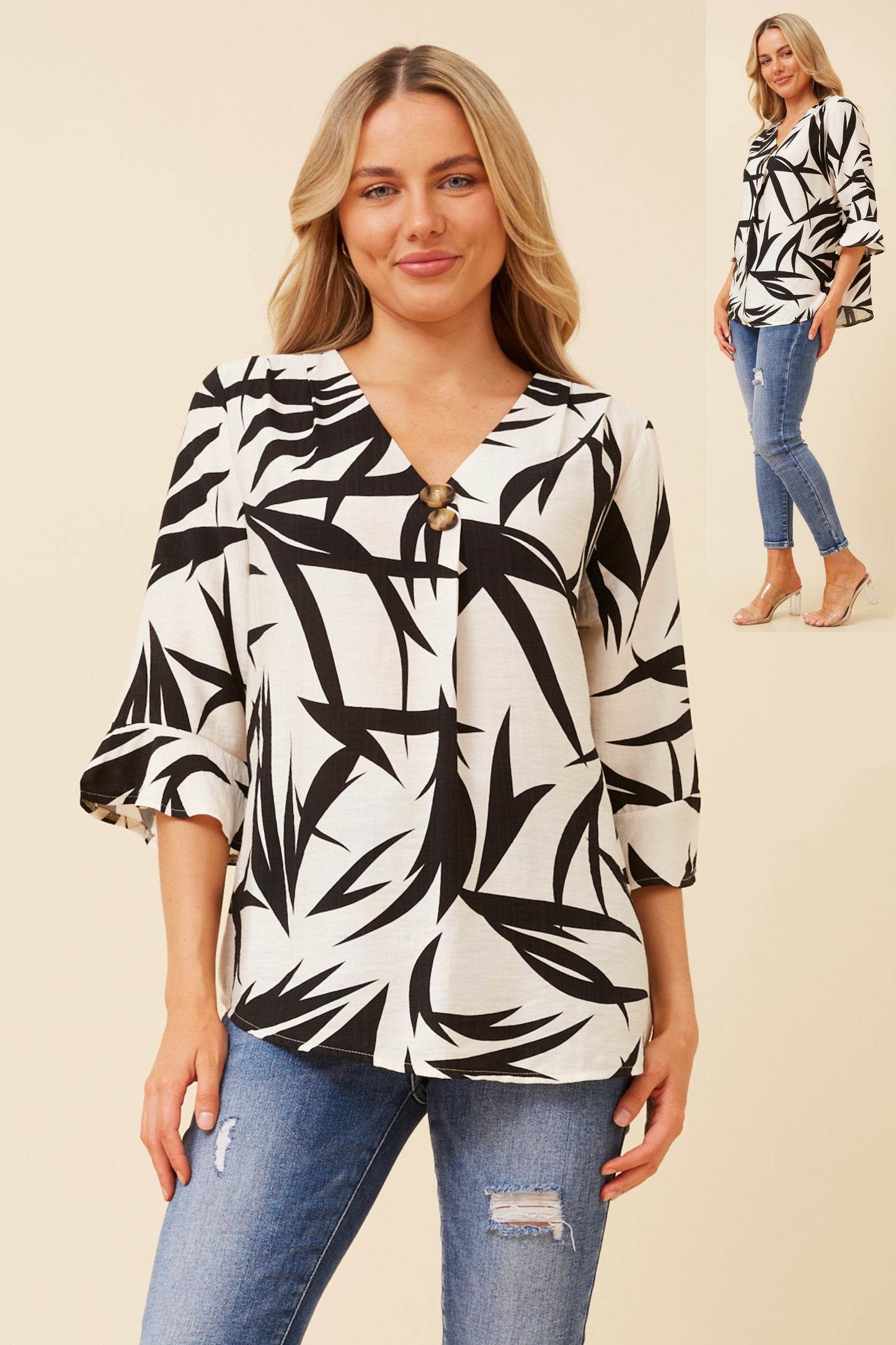 Jovie Leaf Print Top T522446 White & Black