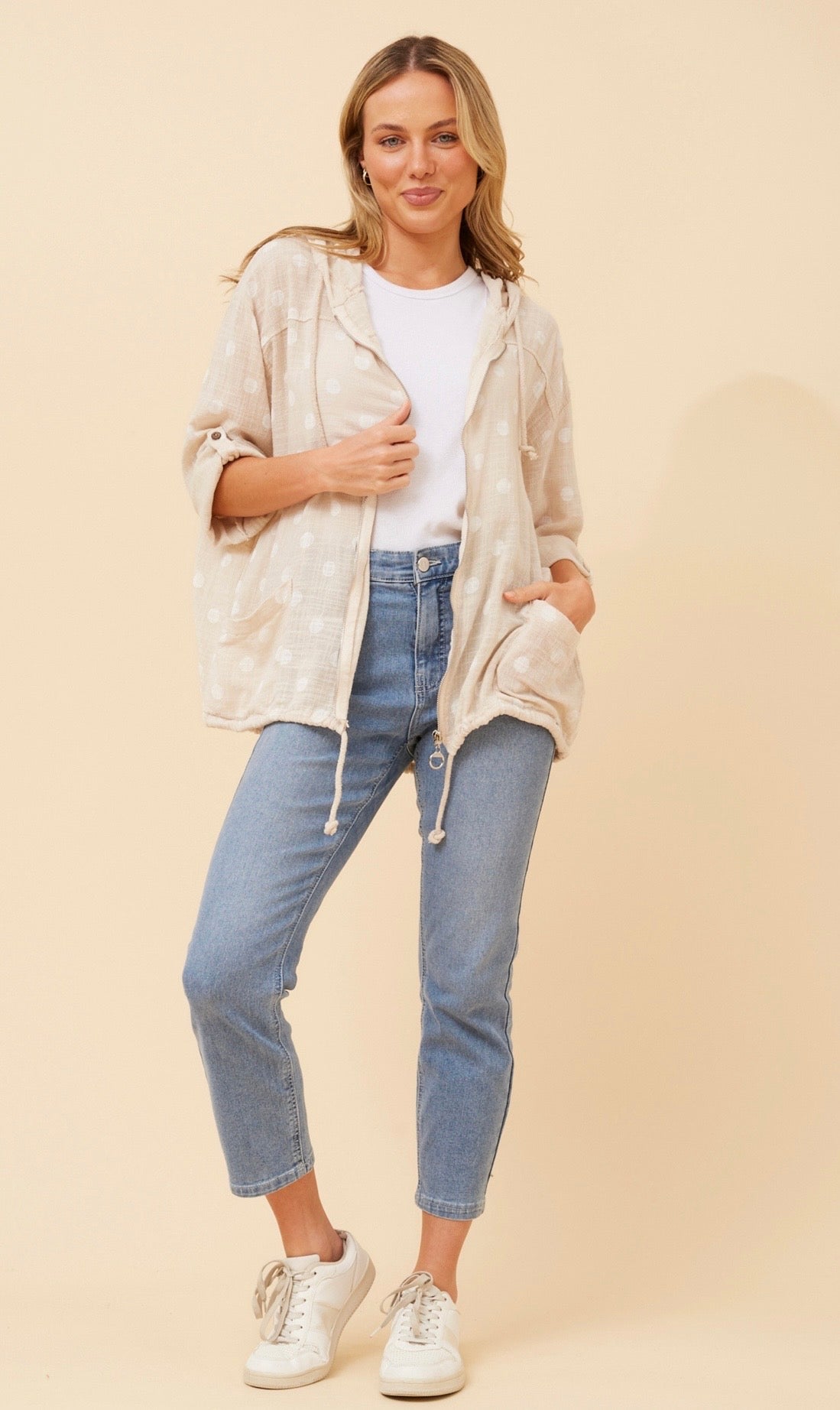Seta Polka Dot Printed Hoody Jacket J526469 Beige/White