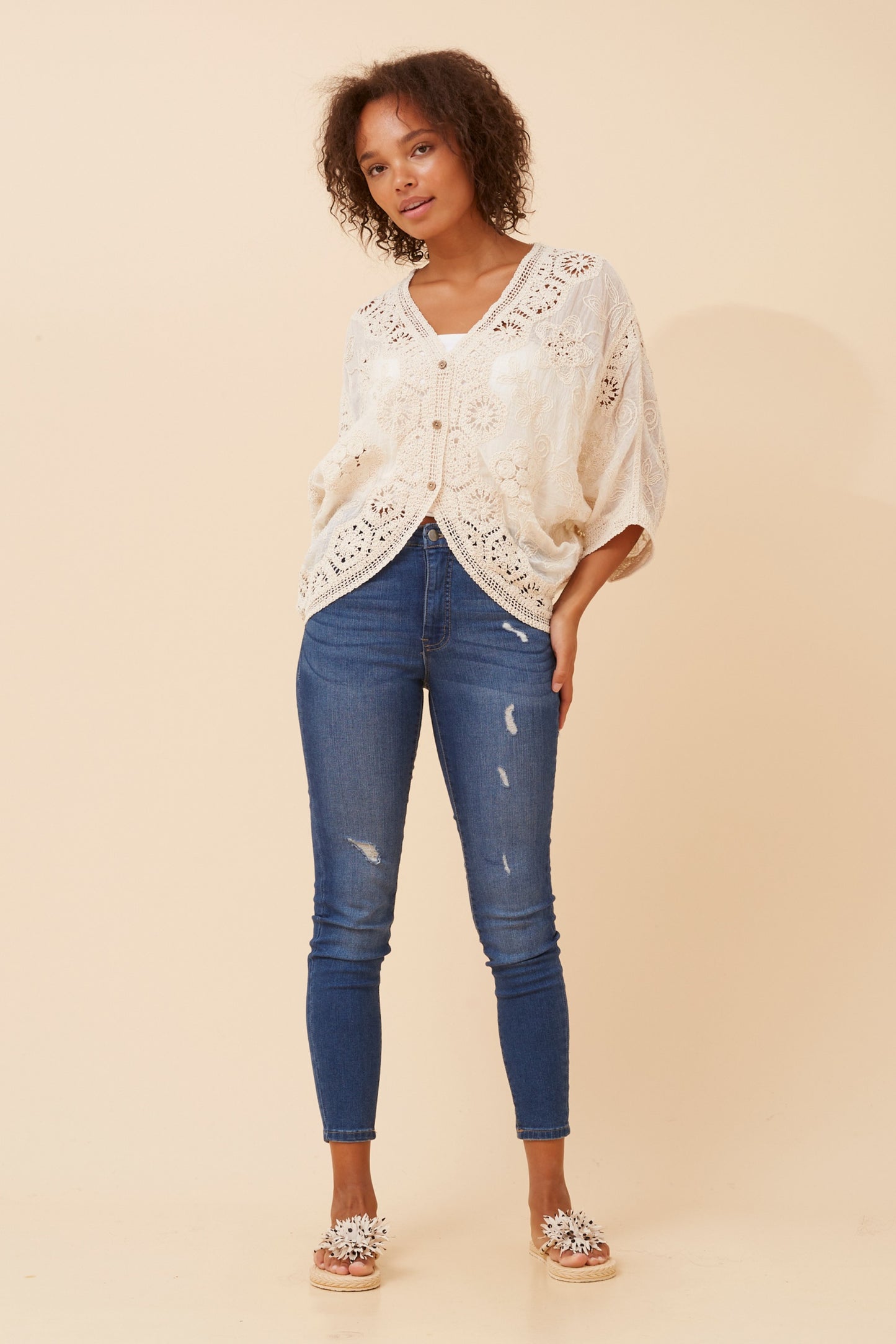 Boho Lace Crochet Cardigan C734706 Cream