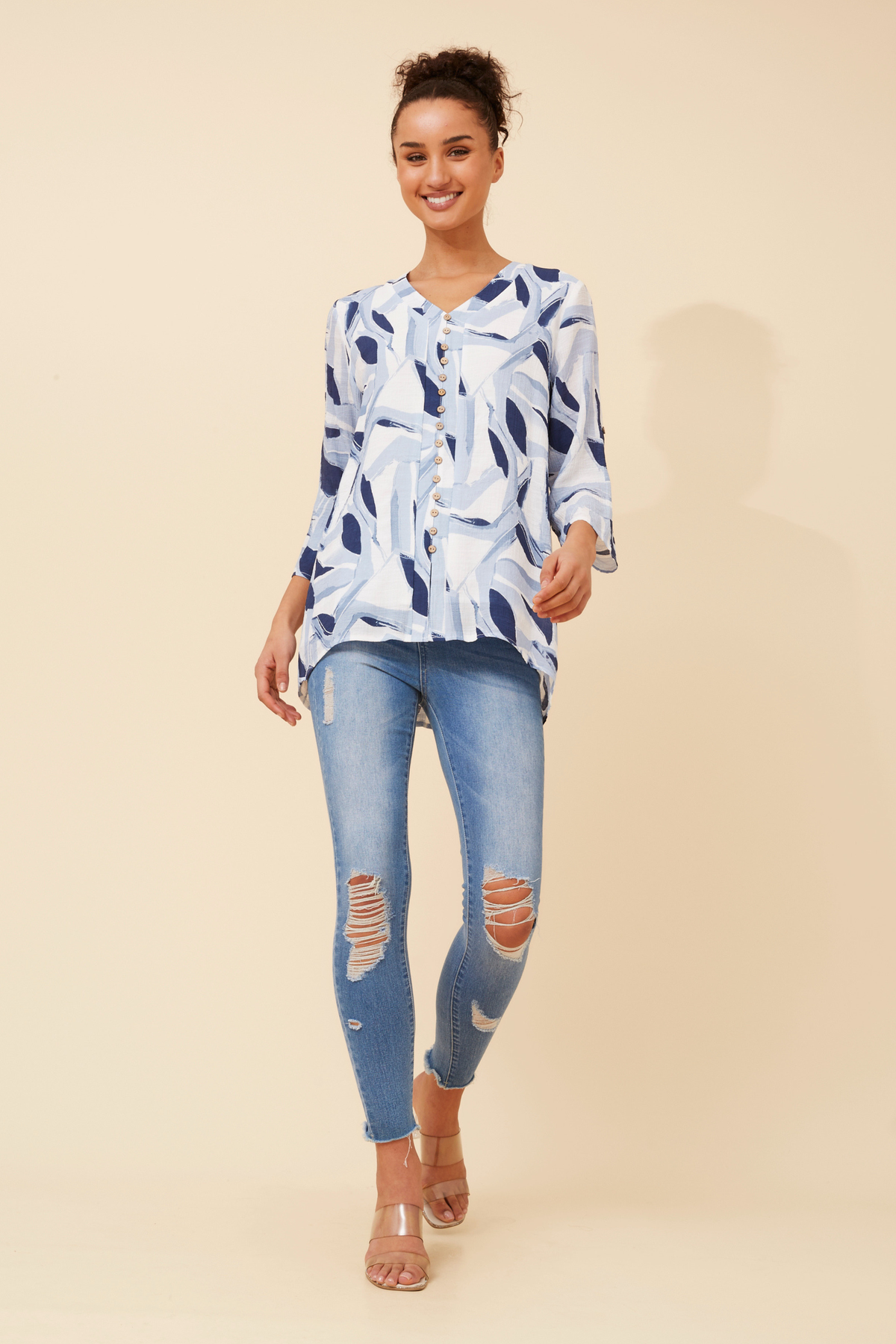 Edie Floral Print Button Top T526718 Blue