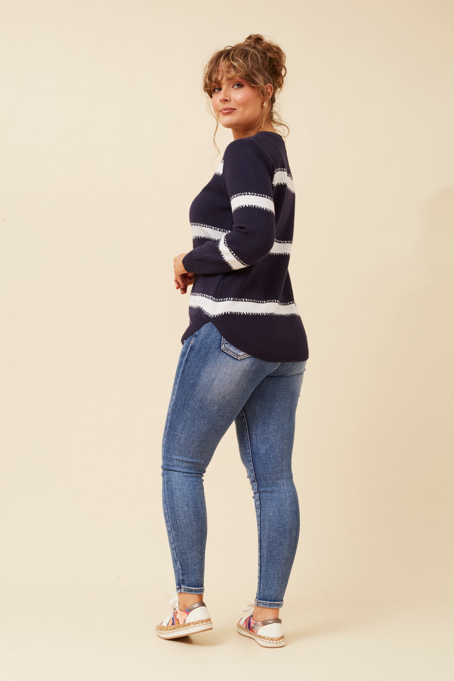Olivia Stripe Pullover with Diamante Details KP522531 Navy