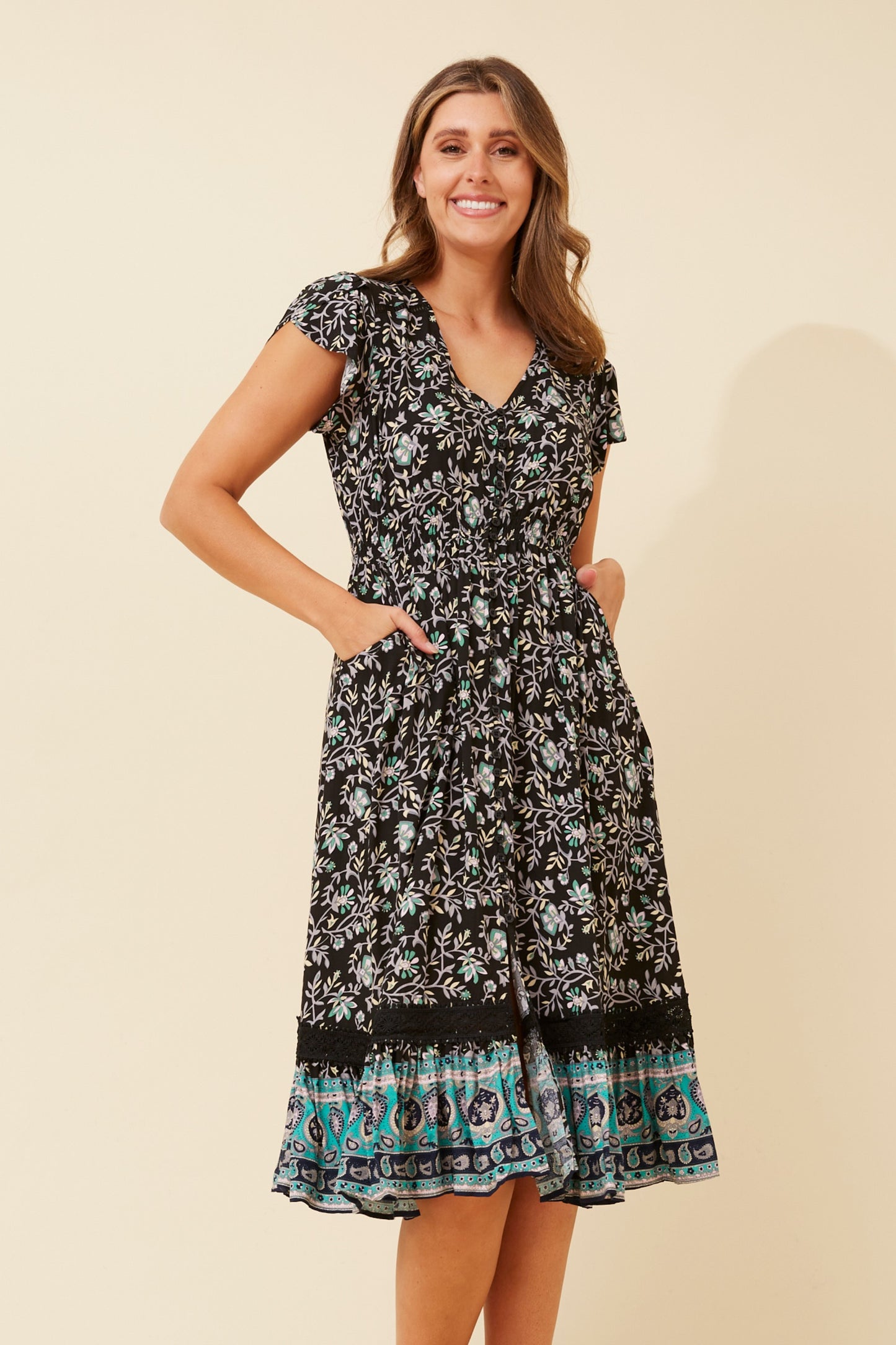 Zubi Flower Print Midi Dress - D523092 Black