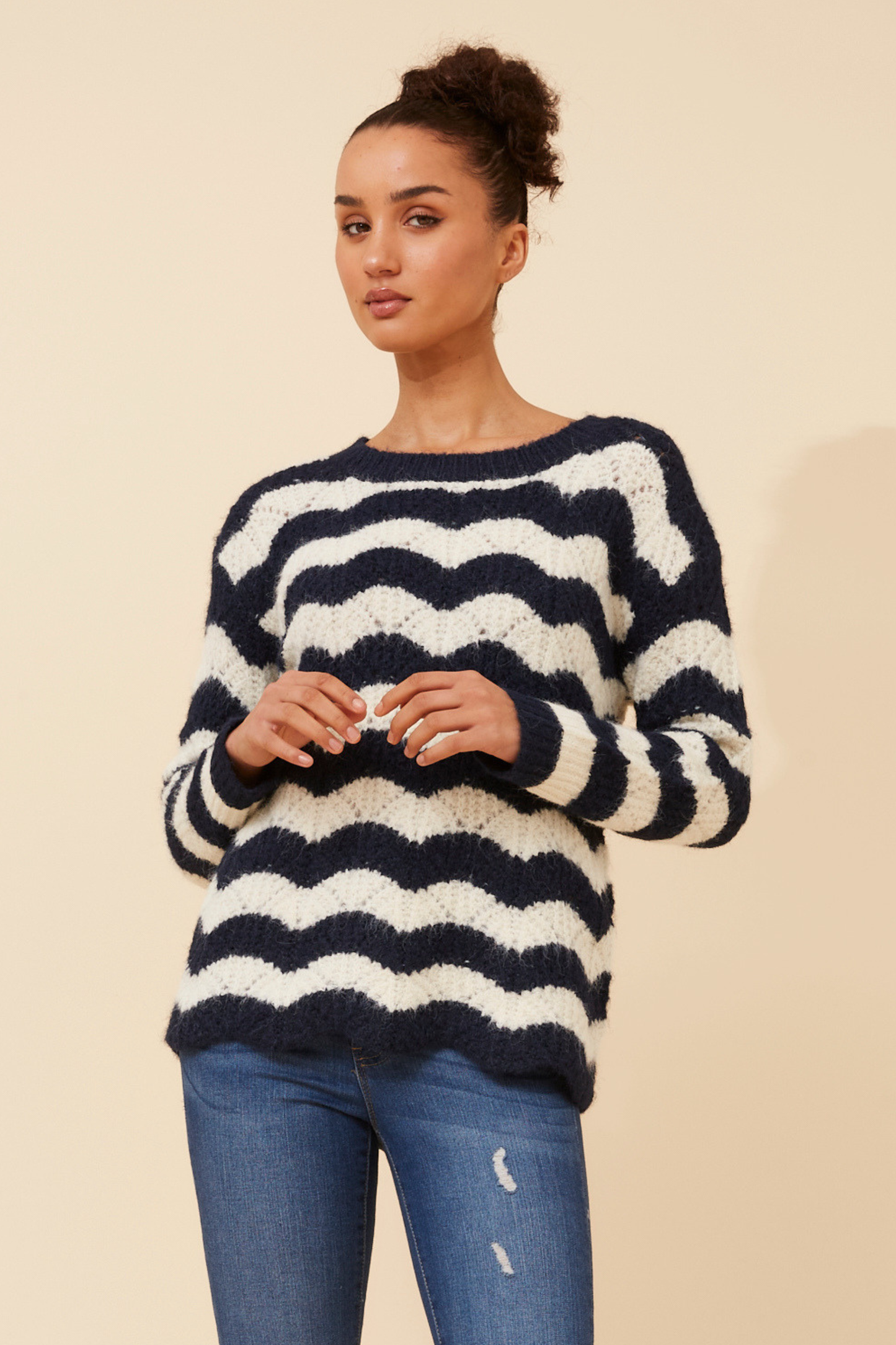 Orri Stripe Print Knit KP736720 Navy/Cream