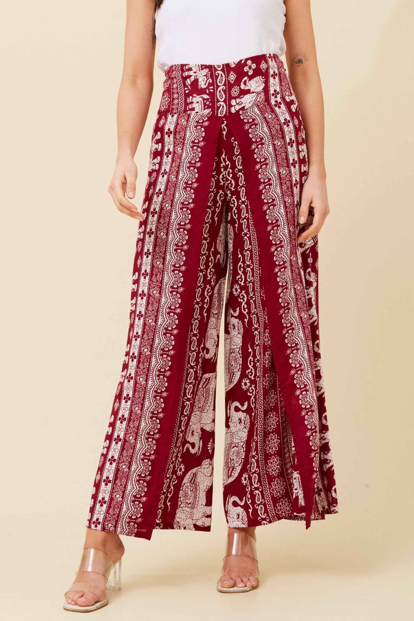 Elephant Printed Pant P520841- Burgundy