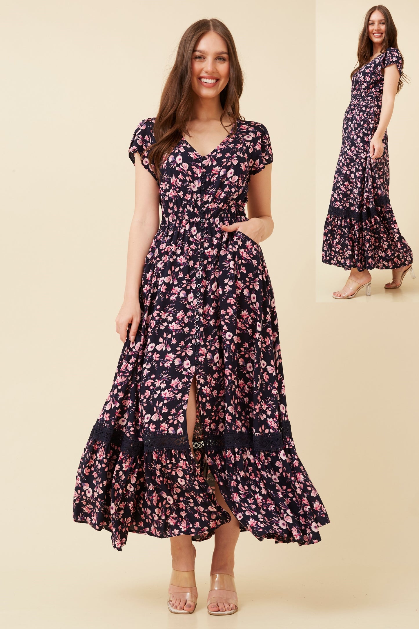 Indi Flower Print Maxi Dress - Navy D517384