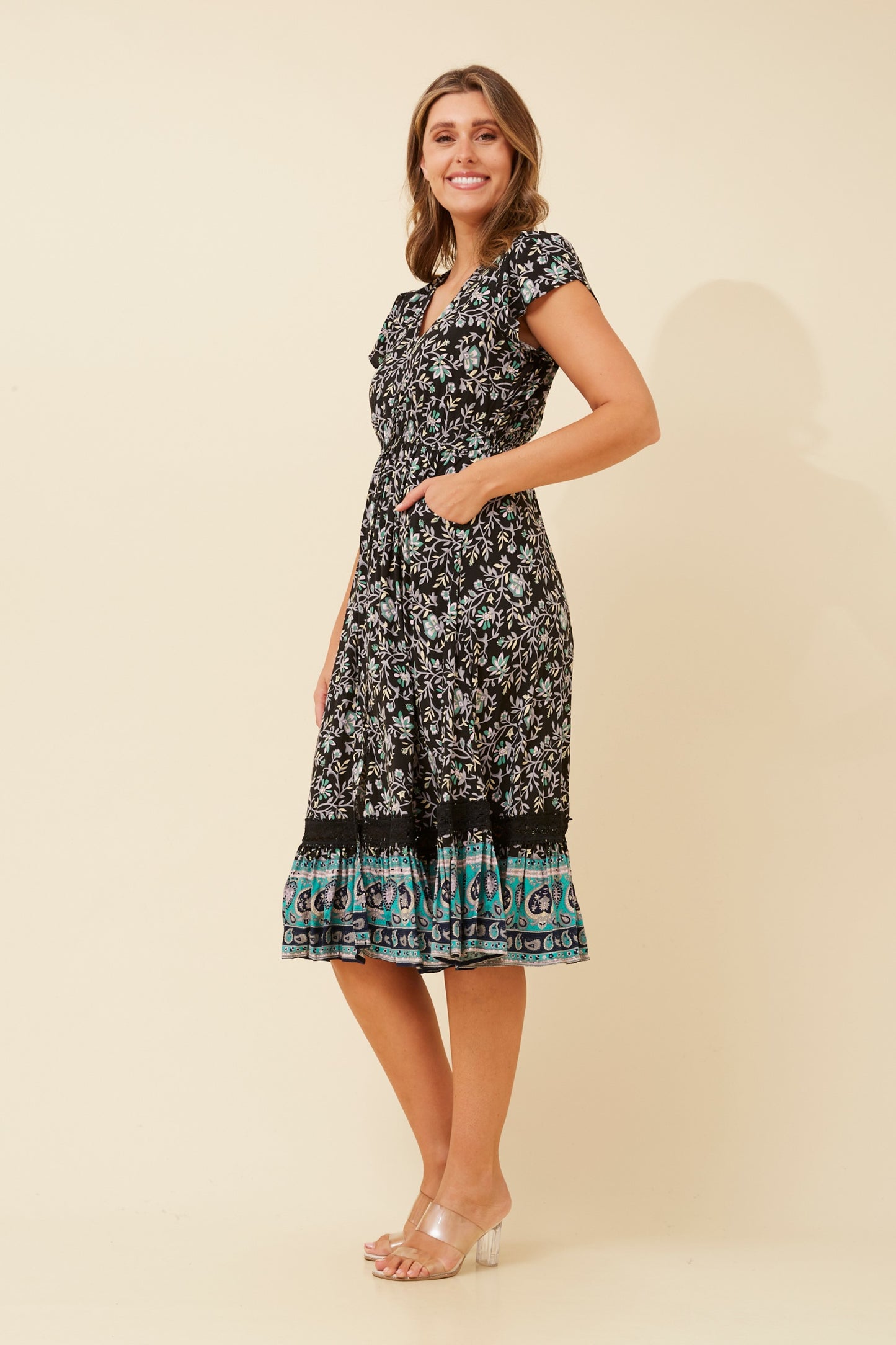 Zubi Flower Print Midi Dress - D523092 Black