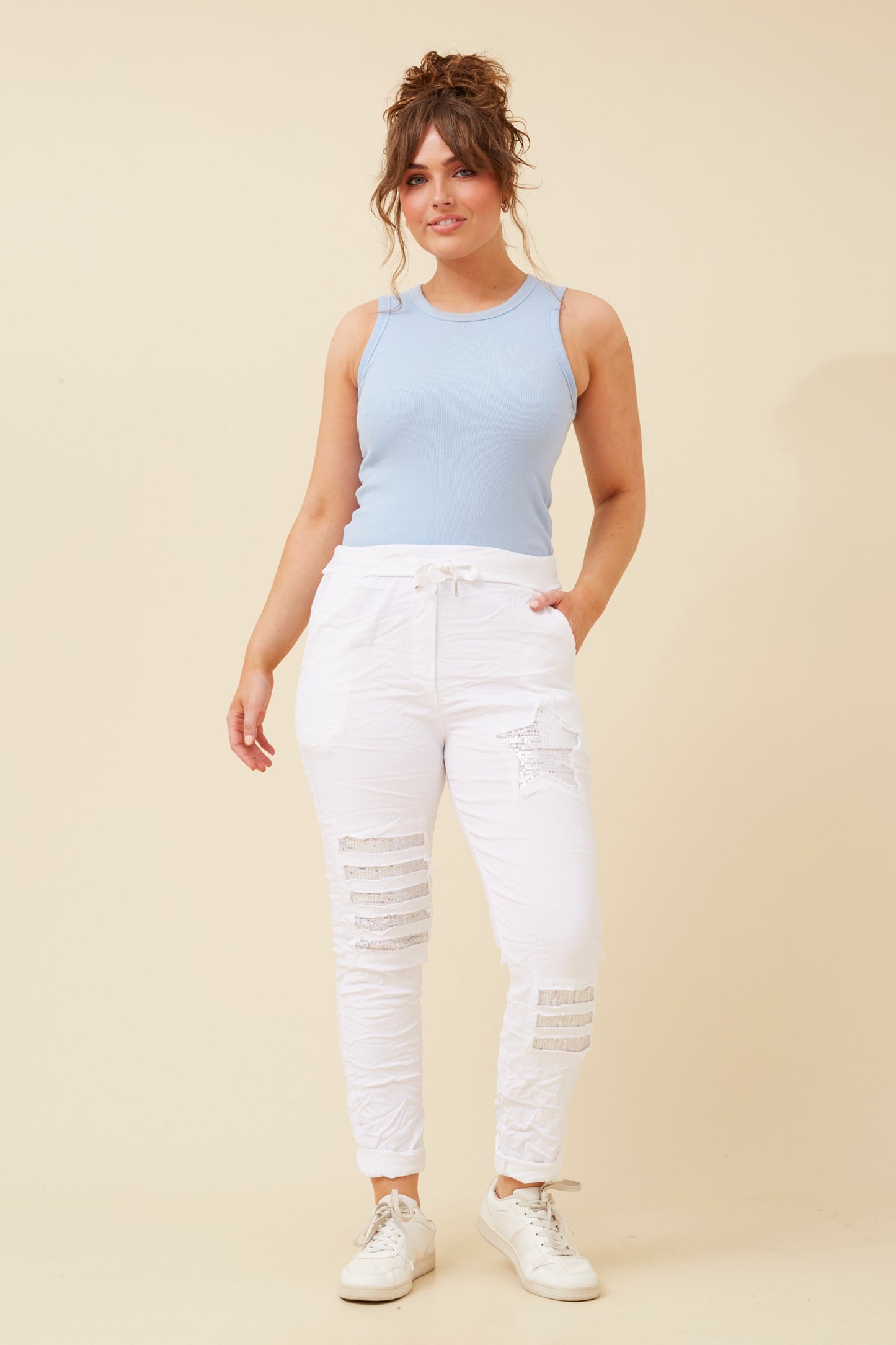 Star Sequin Patches Italian Pant - White  P521148
