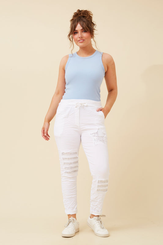 Star Sequin Patches Italian Pant - White  P521148