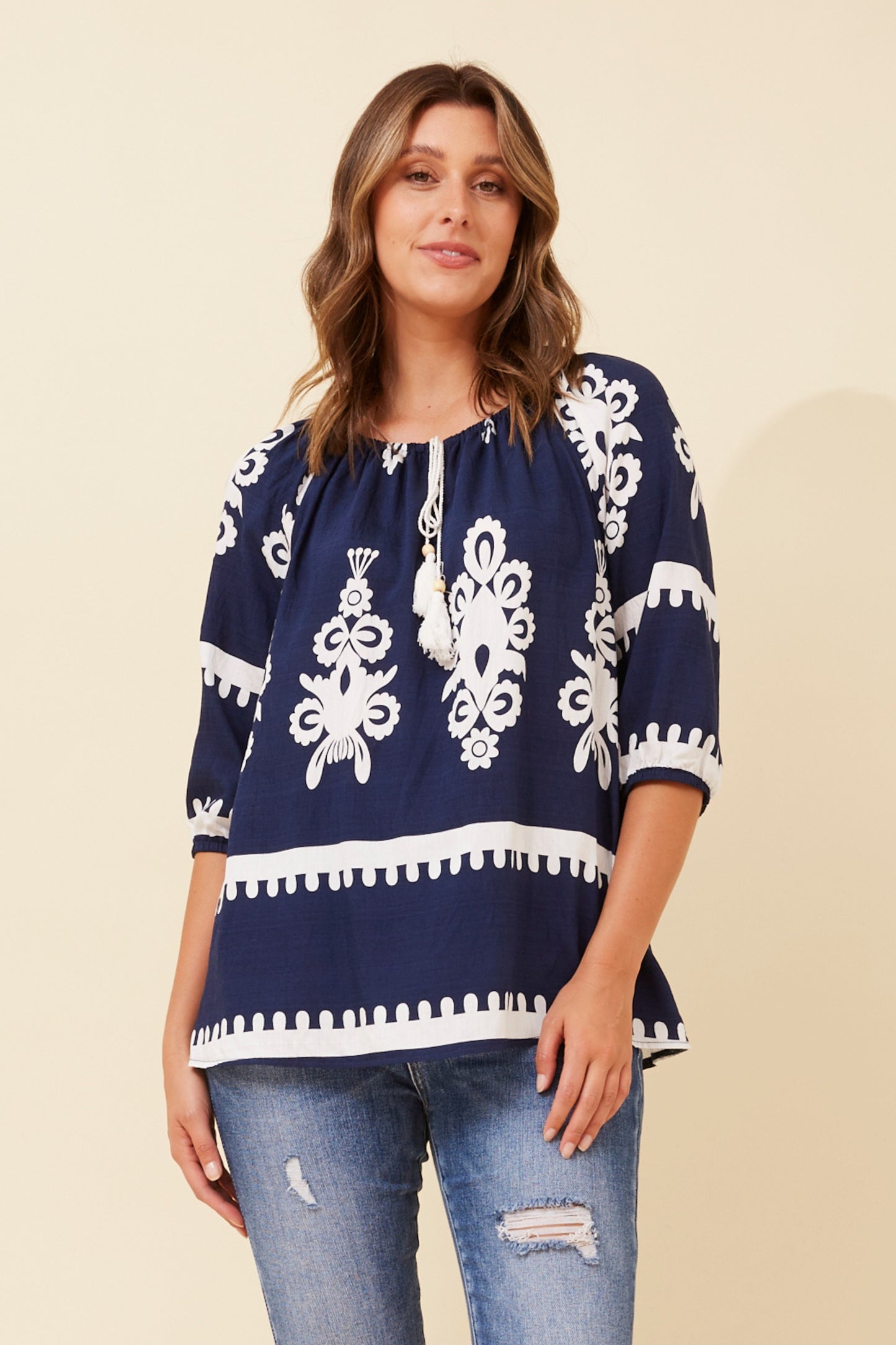 Amara Boho Print Blouse T523164 Navy