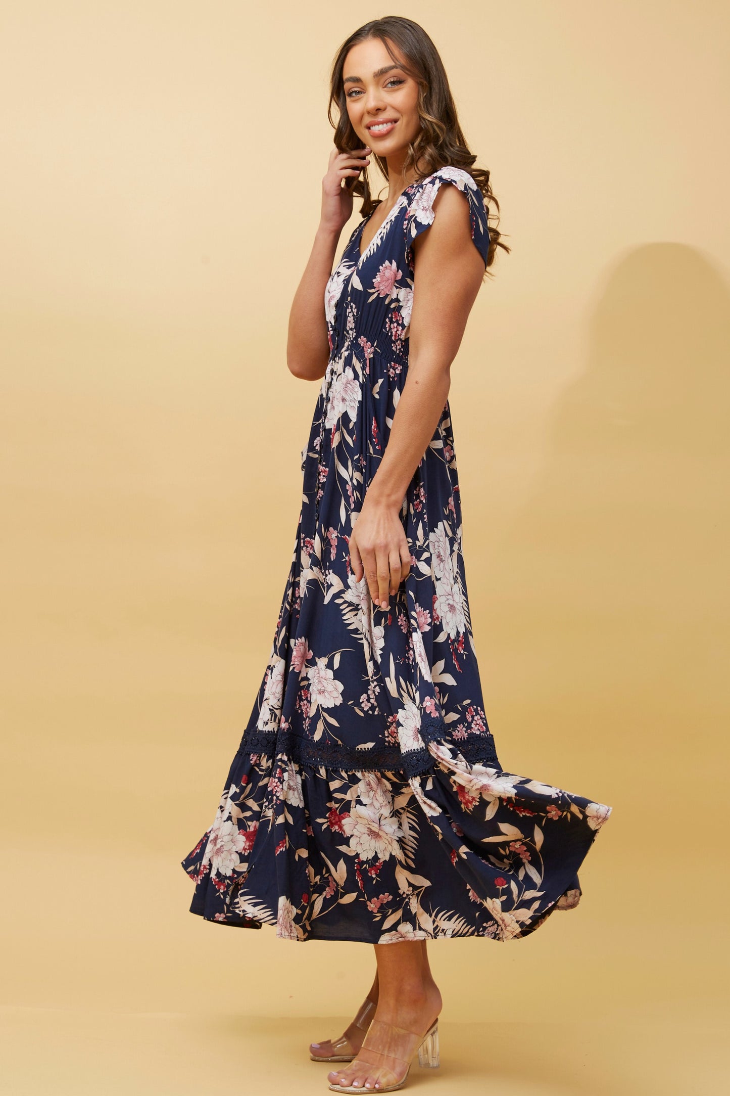 Merci Floral Maxi Dress - Multi Navy D513068