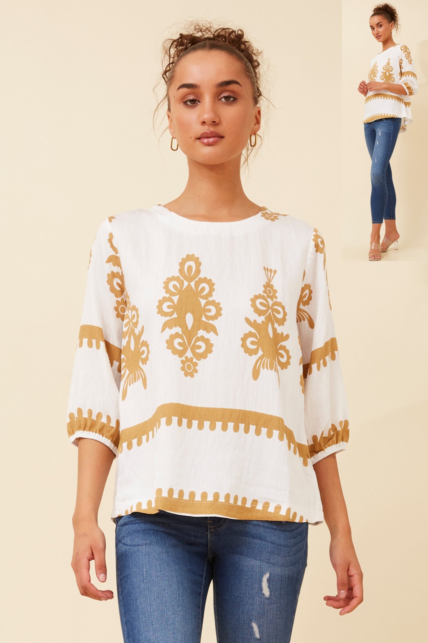 Amara Boho Print Blouse T523165 White/Beige