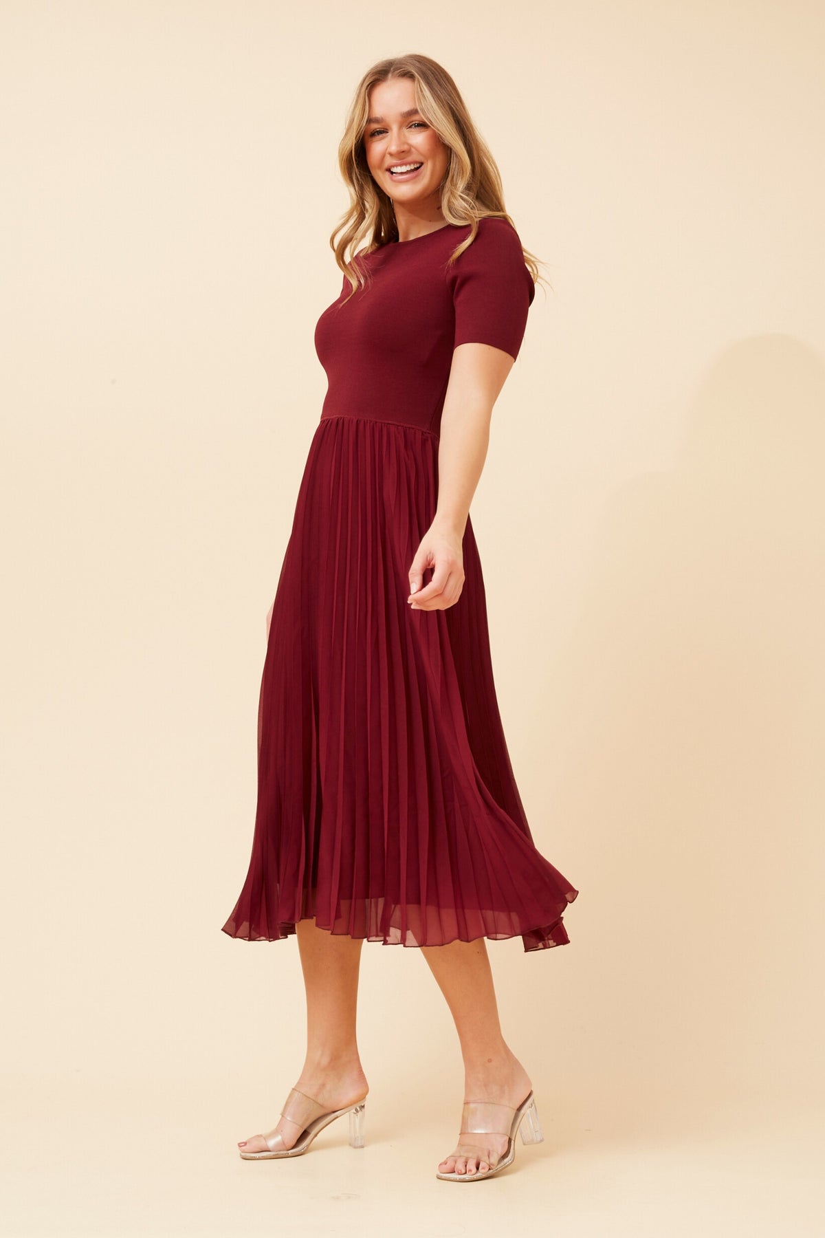 Siyra Pleated Knit Dress KD523893 Red Dahlia