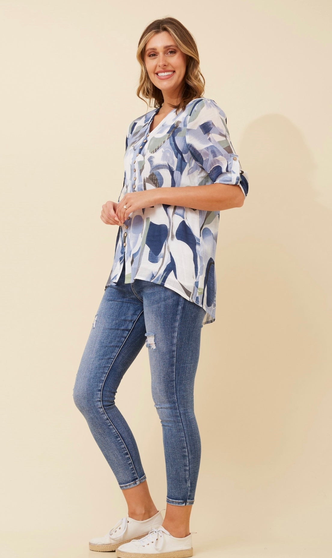 Edie Floral Print Button Top - Blue T520603