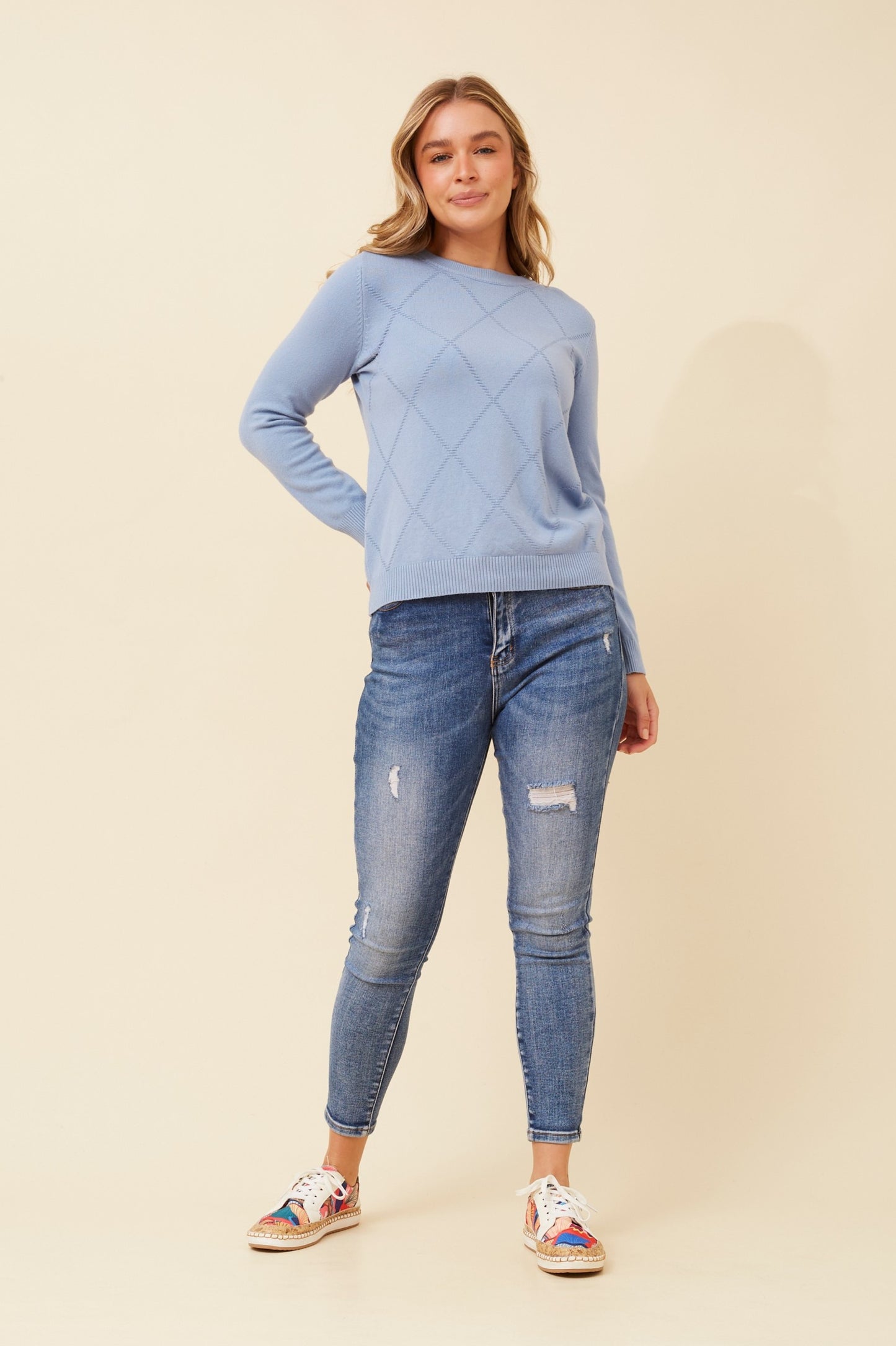 Amyra Diamond Pattern Knit KP522534 - Blue Jean