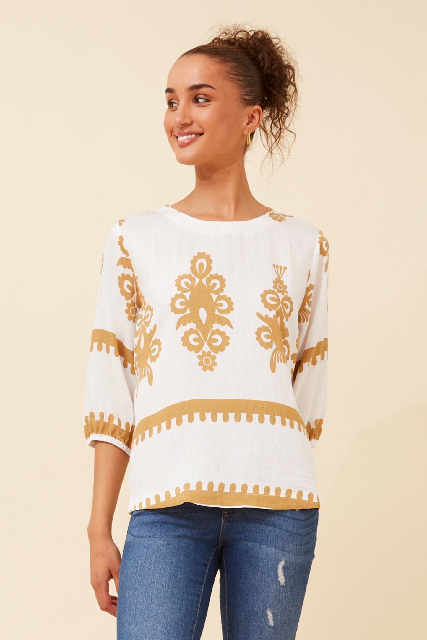 Amara Boho Print Blouse T523165 White/Beige
