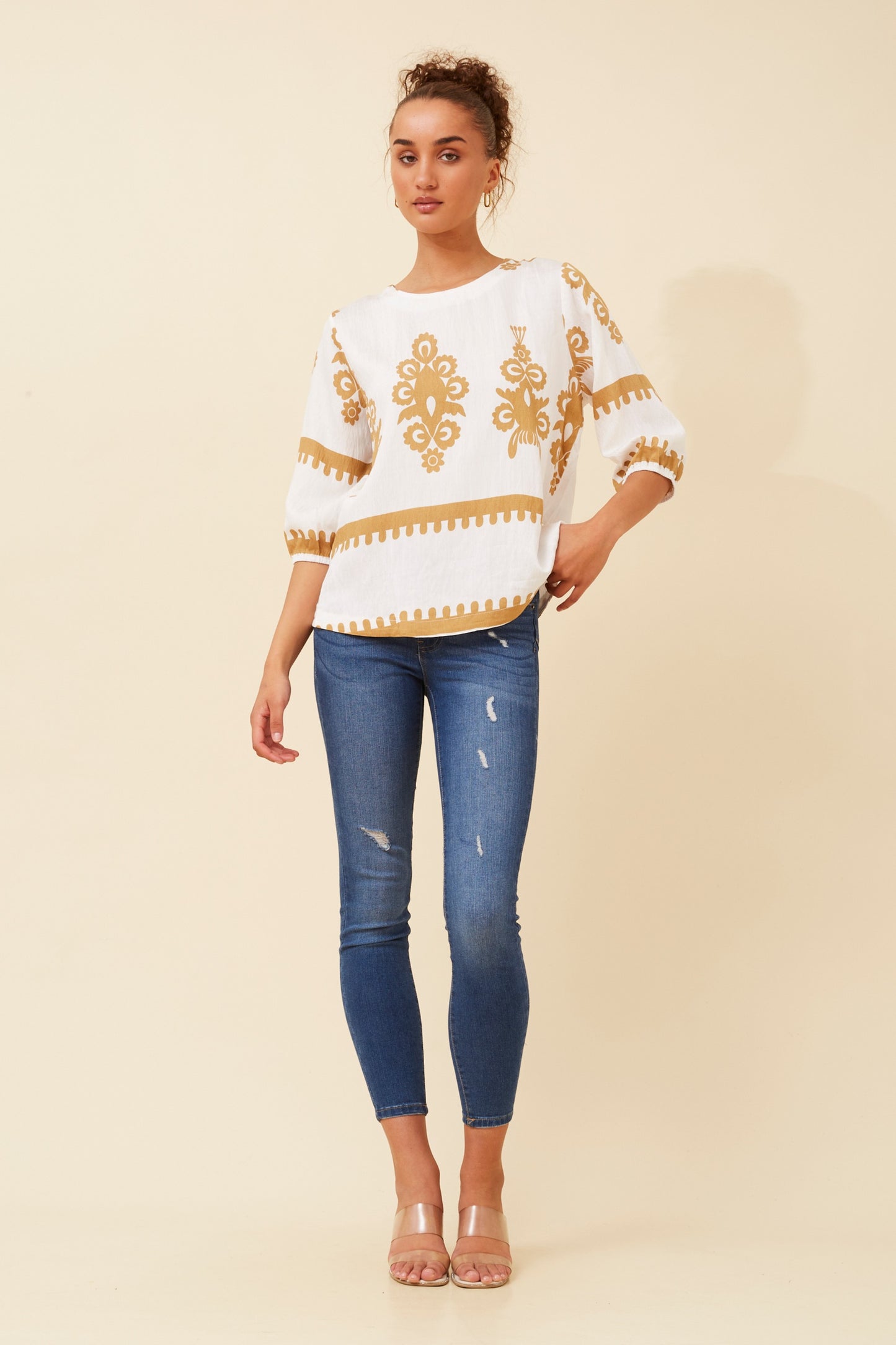 Amara Boho Print Blouse T523165 White/Beige