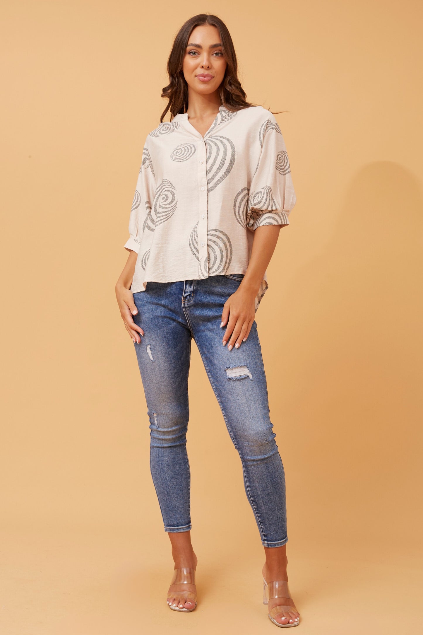 Alicia Printed Back Button Top T519118