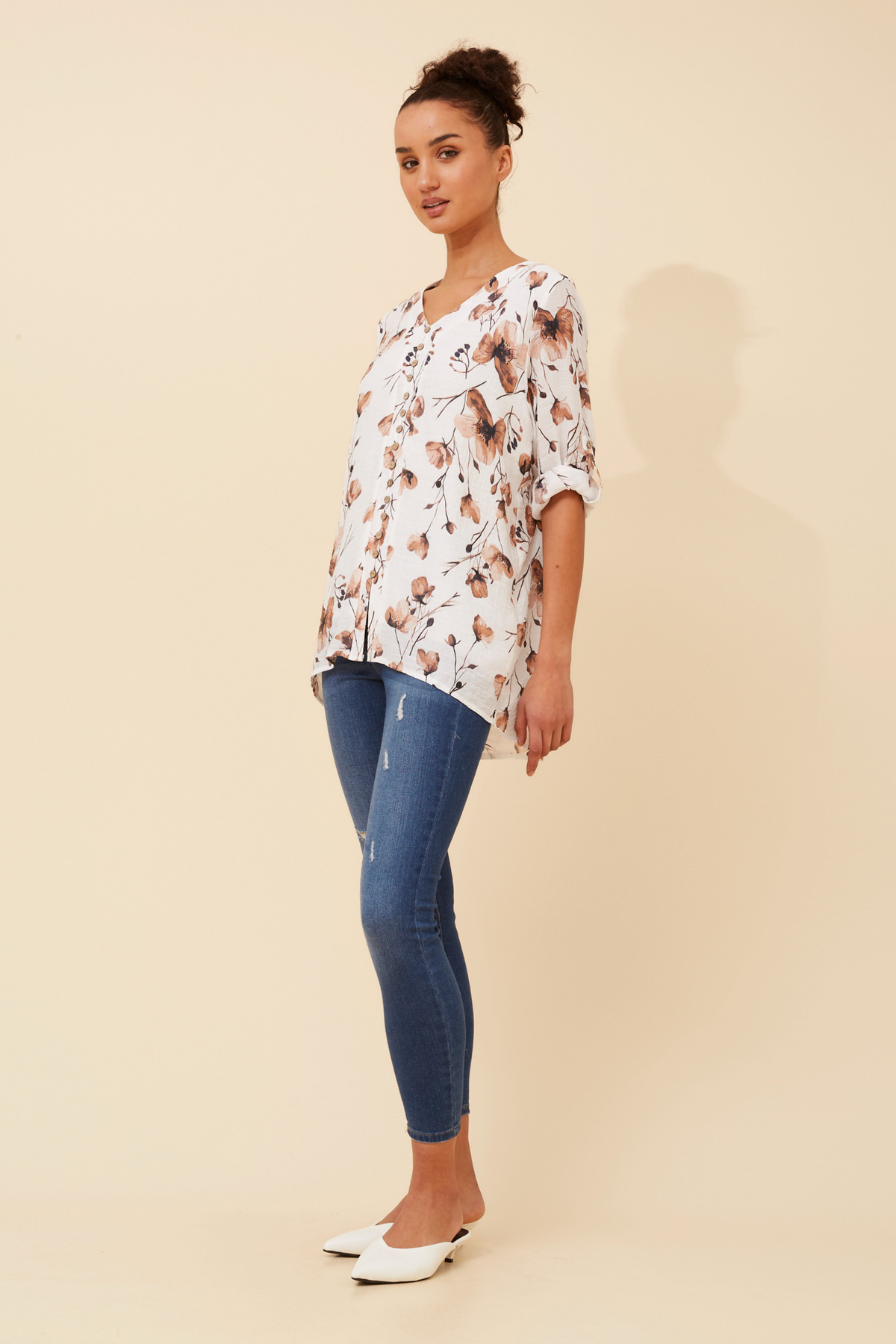 Edie Floral Print Button Top T526521 Toffee