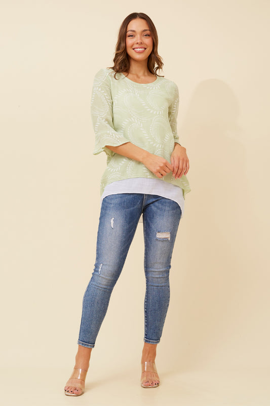 Leon Double Layer Printed Top T520605 - Sage