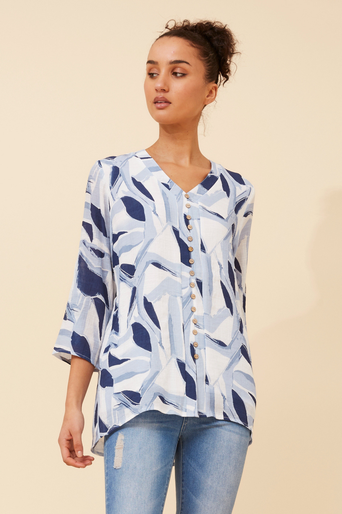 Edie Floral Print Button Top T526718 Blue