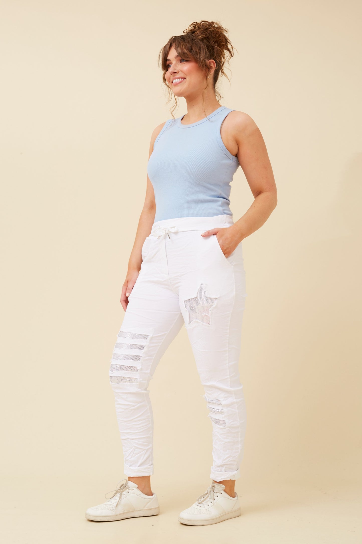 Star Sequin Patches Italian Pant - White  P521148