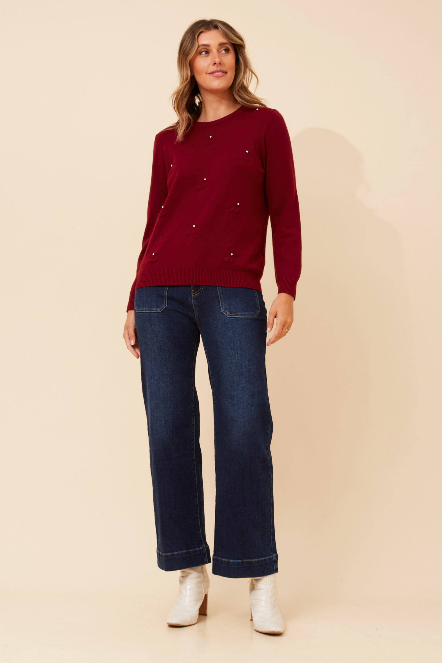 Gracie Pearl Detail Knit KP525903 Burgundy