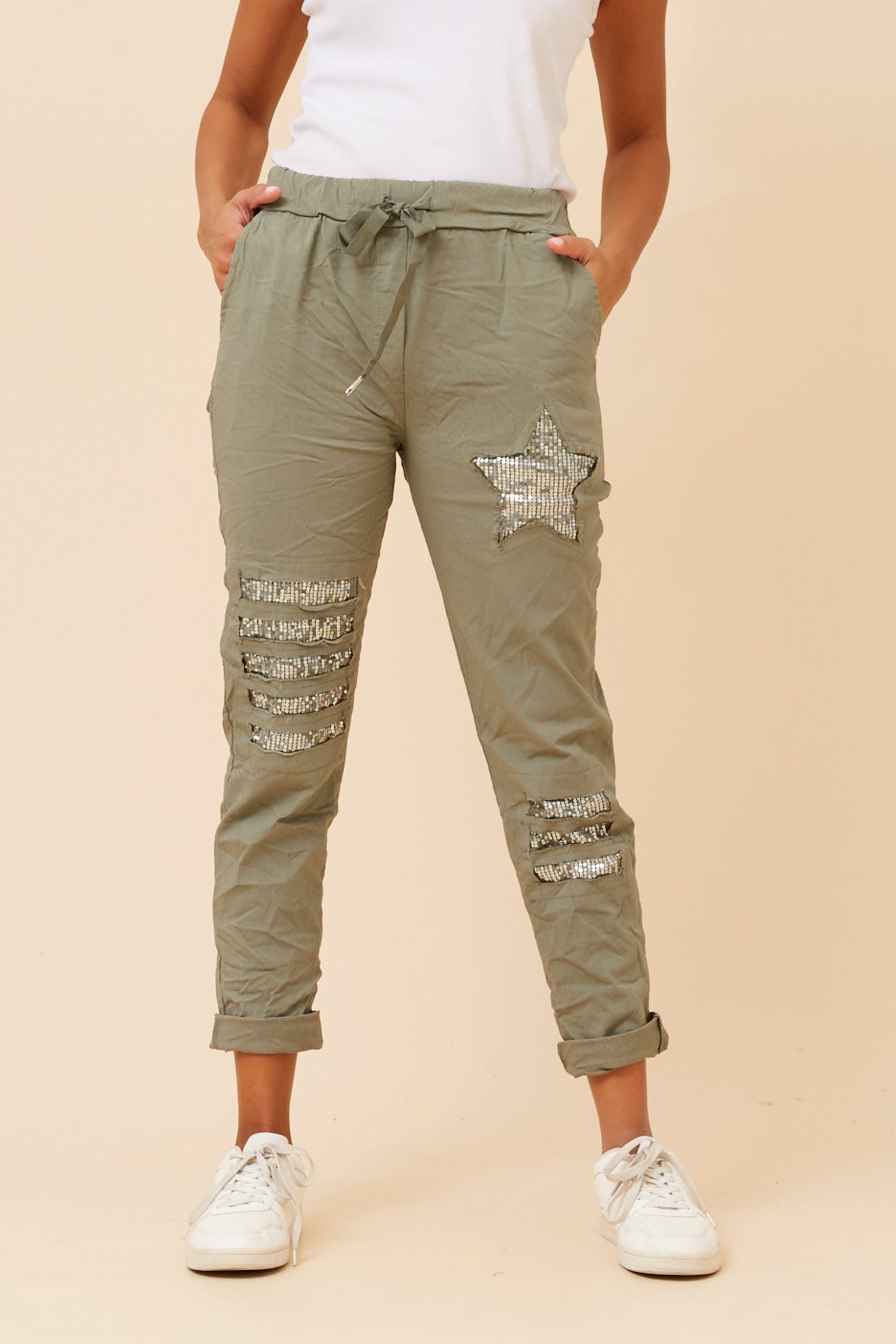 Star Sequin Patches Italian Pant -Khaki  P521148