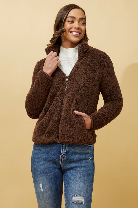 Front FAUX FUR Jacket-Chocolate J508971