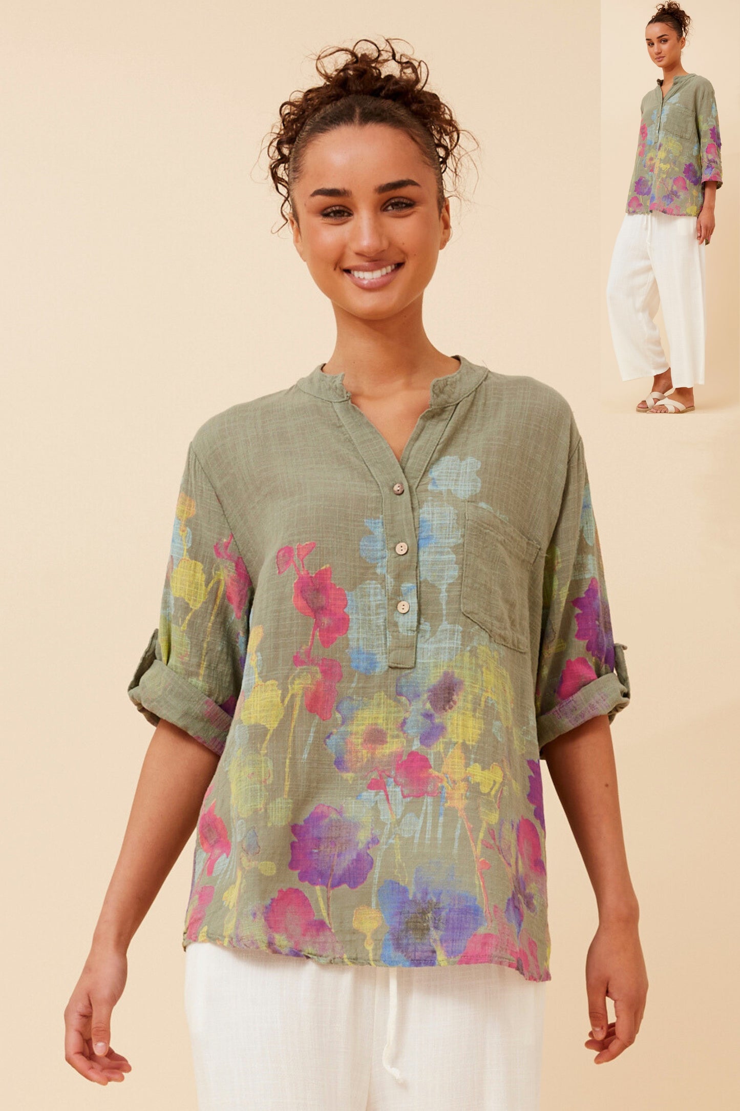 Skye Italian Floral Top T524783 Khaki